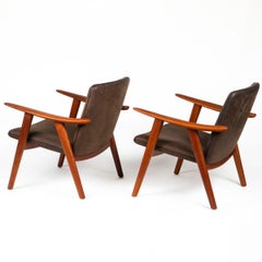 Pair of Hans J. Wegner "Buck Chair" JH-517 Teak & Brown Leather Lounge Chairs