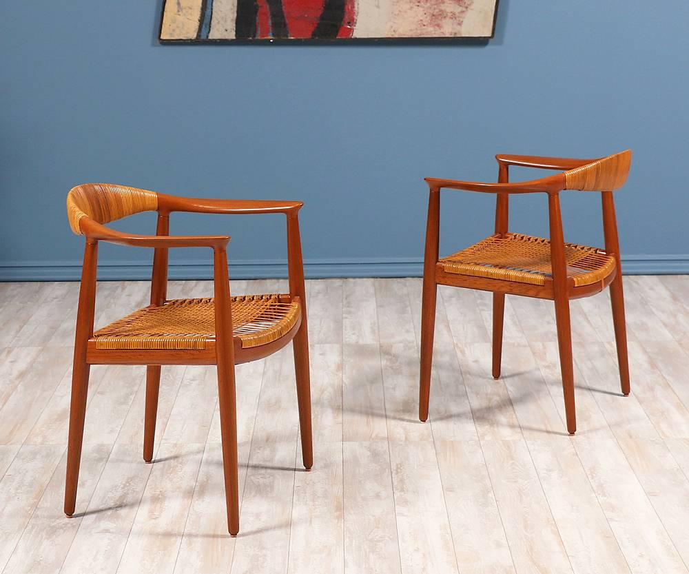 Mid-Century Modern Pair of Hans J. Wegner “Round” Caned Arm Chairs for Johannes Hansen