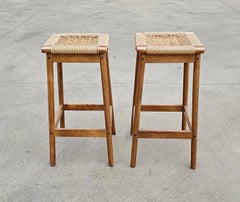 Pair of Hans J. Wegner Style Bar Stools with Danish Paper Cord Seats