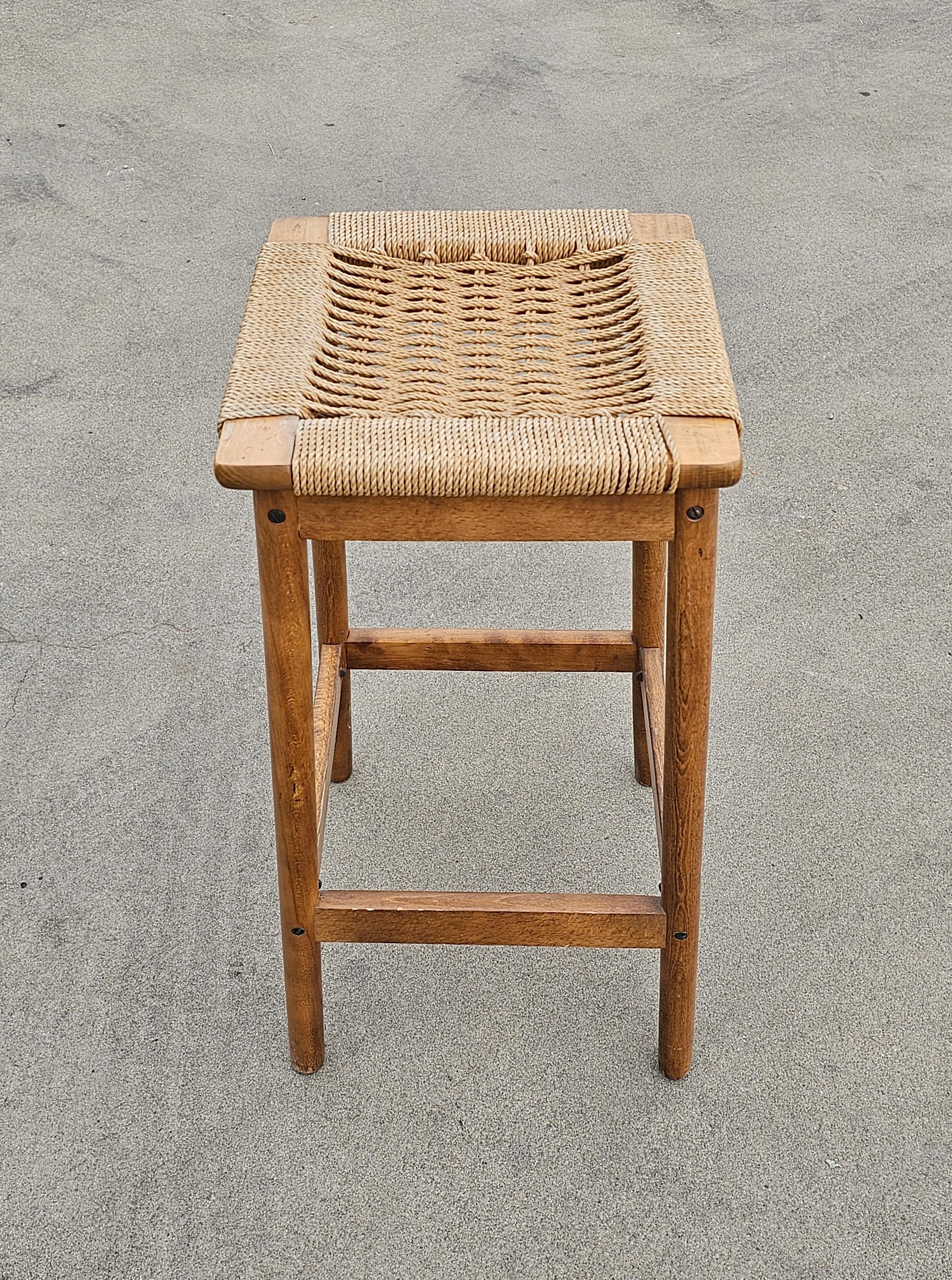 Mid-Century Modern Pair of Hans J. Wegner Style Bar Stools with Danish Paper Cord Seats For Sale