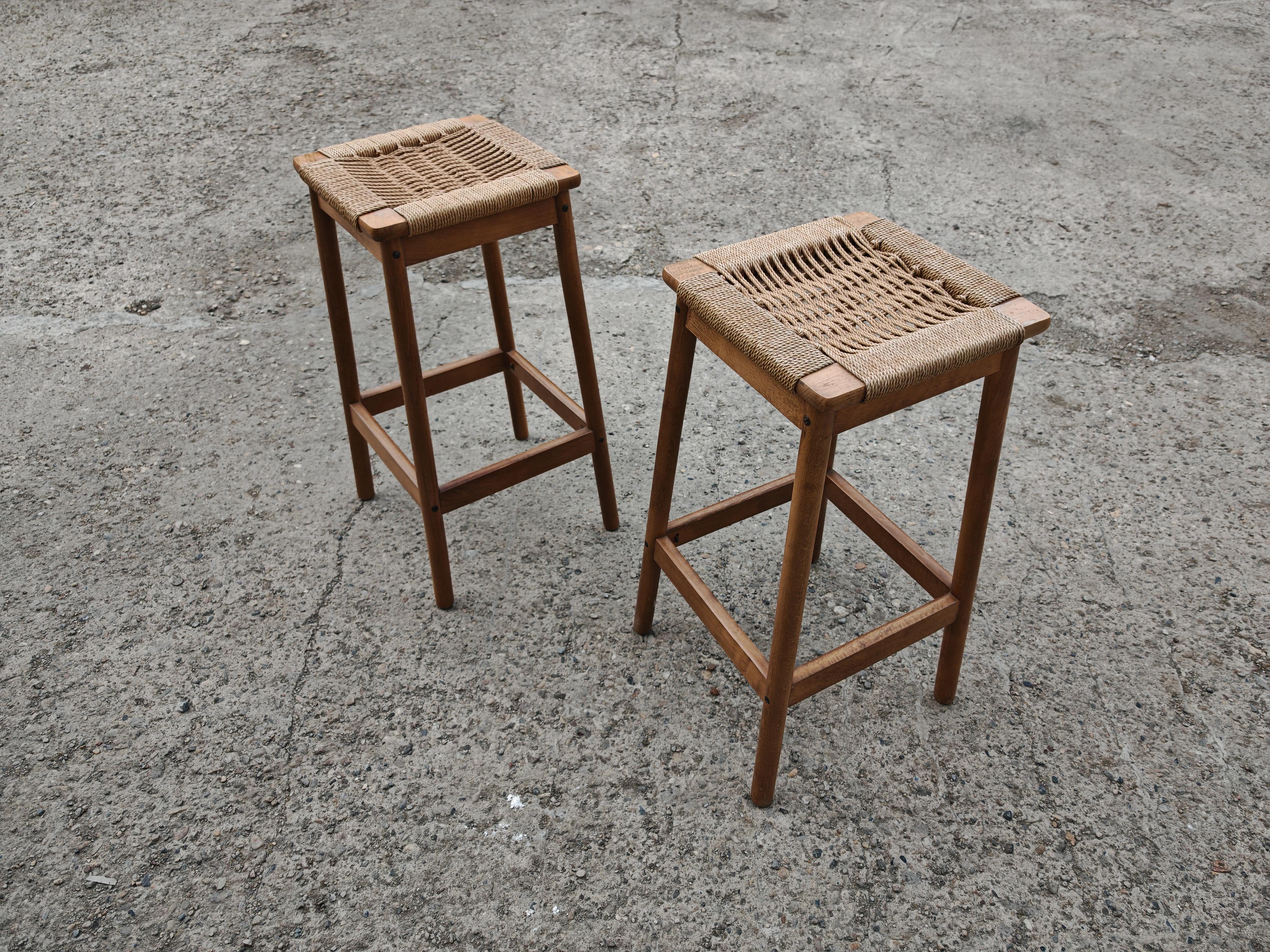 Mid-20th Century Pair of Hans J. Wegner Style Bar Stools with Danish Paper Cord Seats For Sale