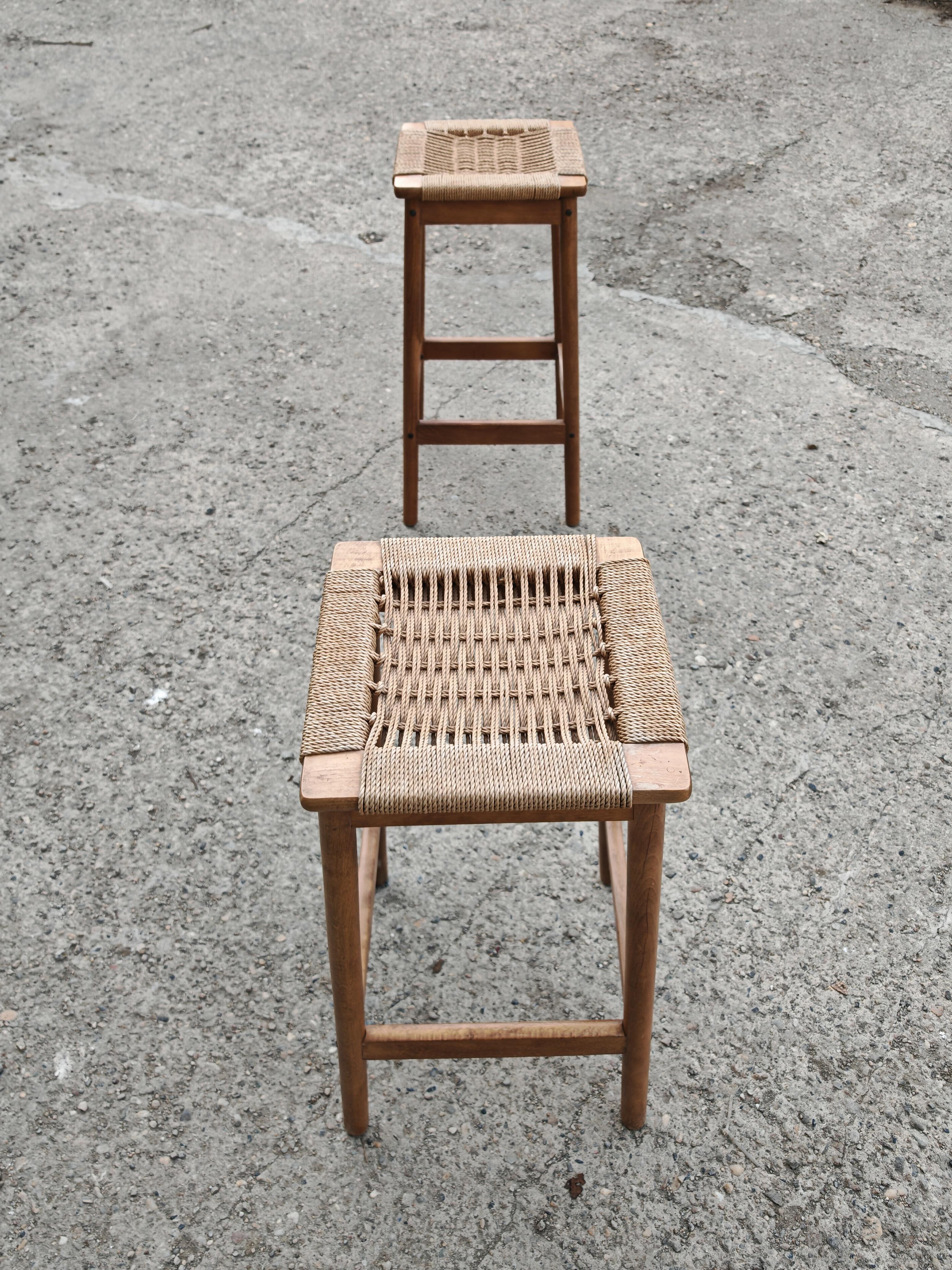 Papercord Pair of Hans J. Wegner Style Bar Stools with Danish Paper Cord Seats For Sale