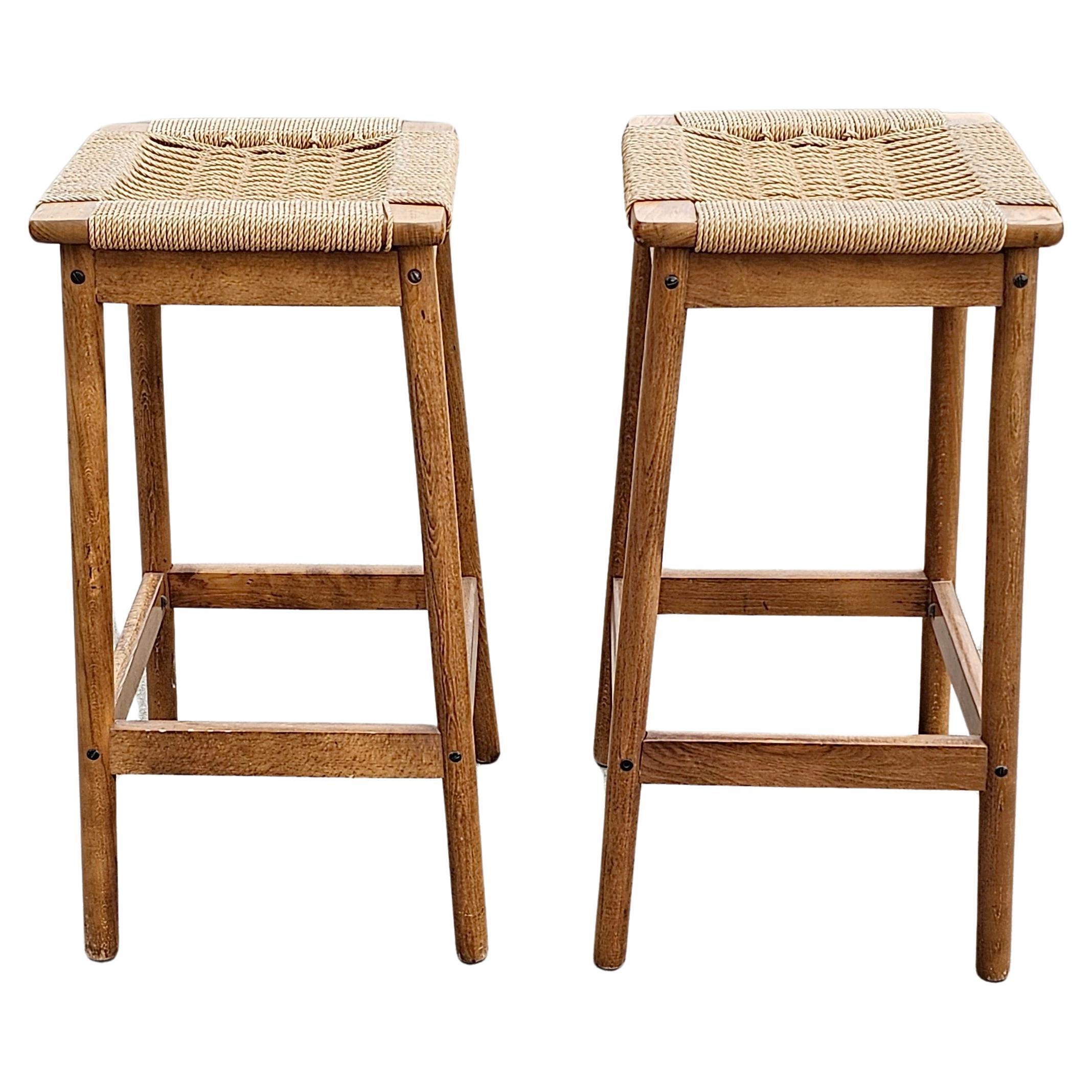 Pair of Hans J. Wegner Style Bar Stools with Danish Paper Cord Seats For Sale