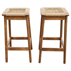 Vintage Pair of Hans J. Wegner Style Bar Stools with Danish Paper Cord Seats