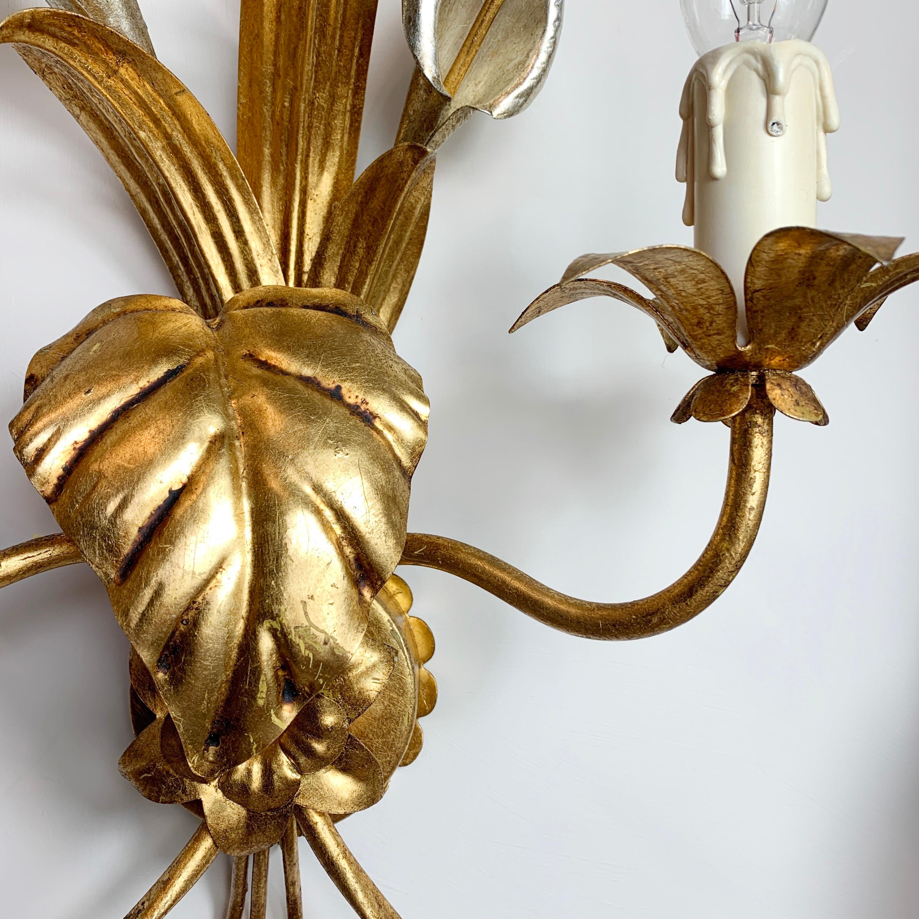 Mid-Century Modern Hans Kögl Gold and Silver Calla Lily Wall Lights, C 1970’s For Sale