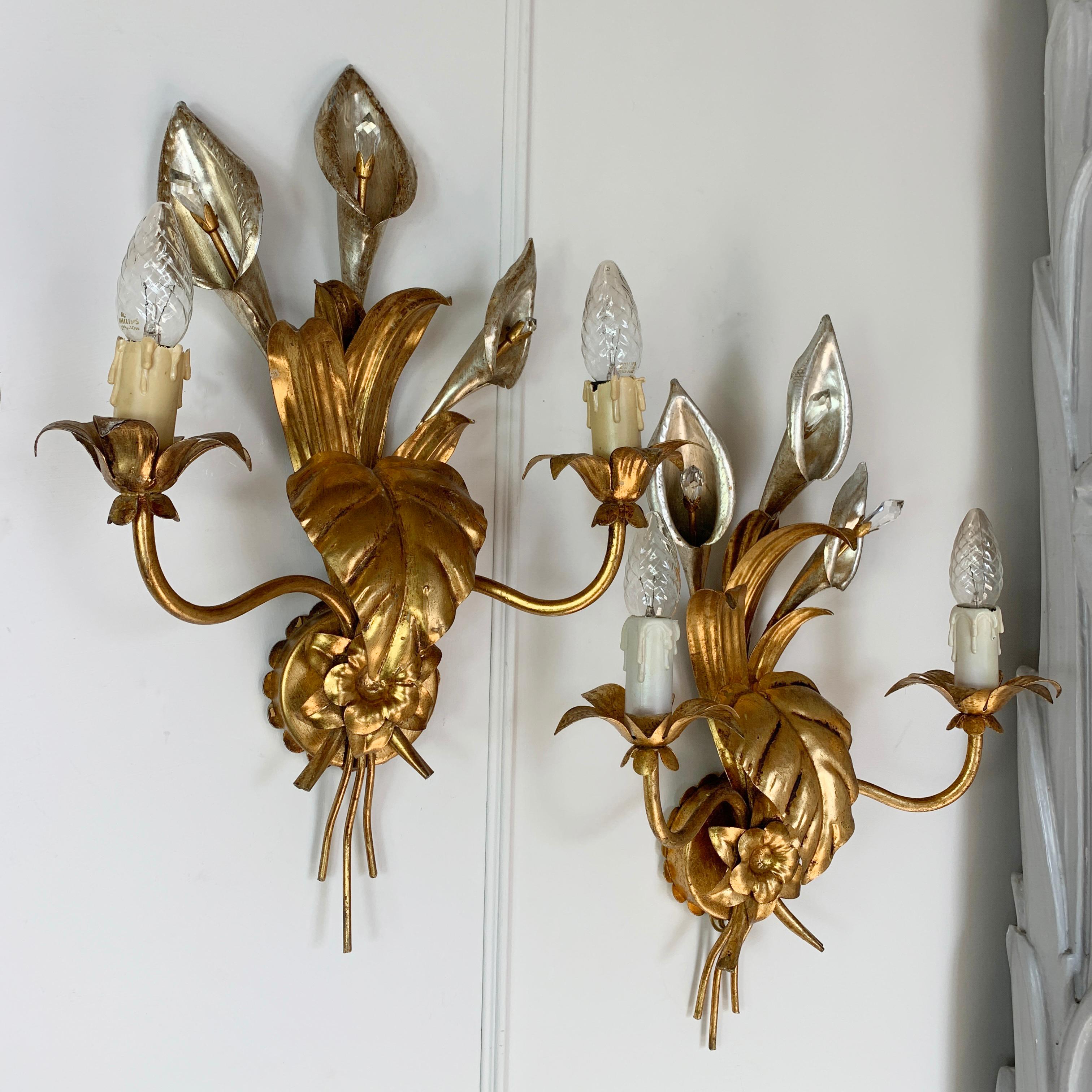 German Hans Kögl Gold and Silver Calla Lily Wall Lights, C 1970’s For Sale