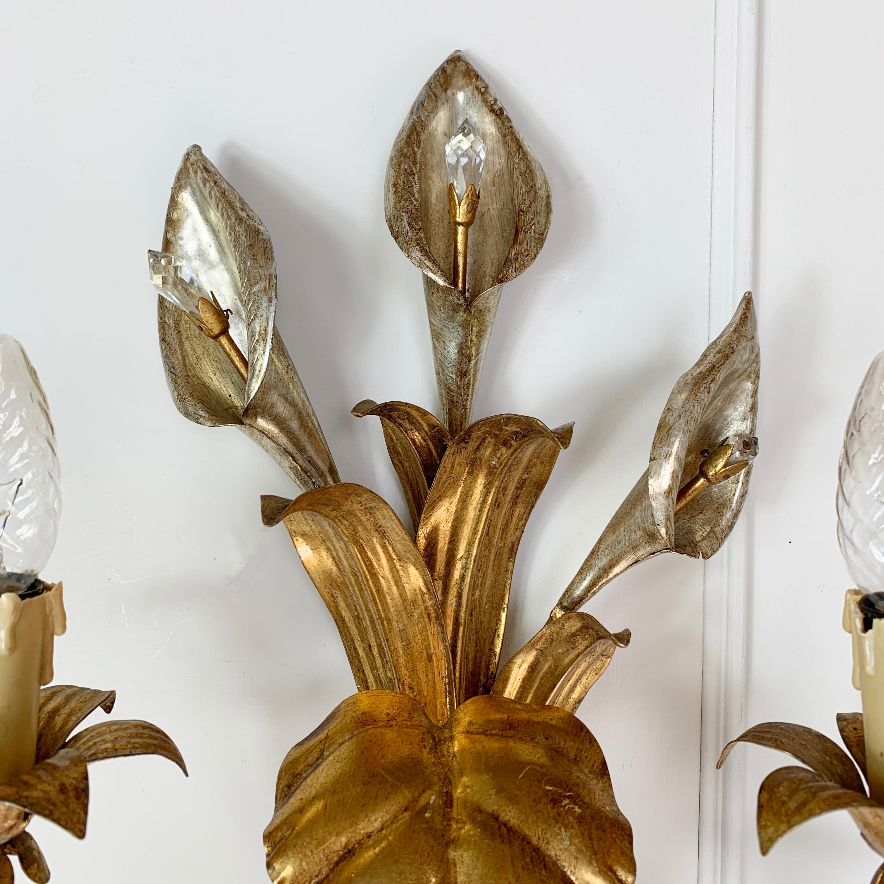 Gilt Hans Kögl Gold and Silver Calla Lily Wall Lights, C 1970’s For Sale