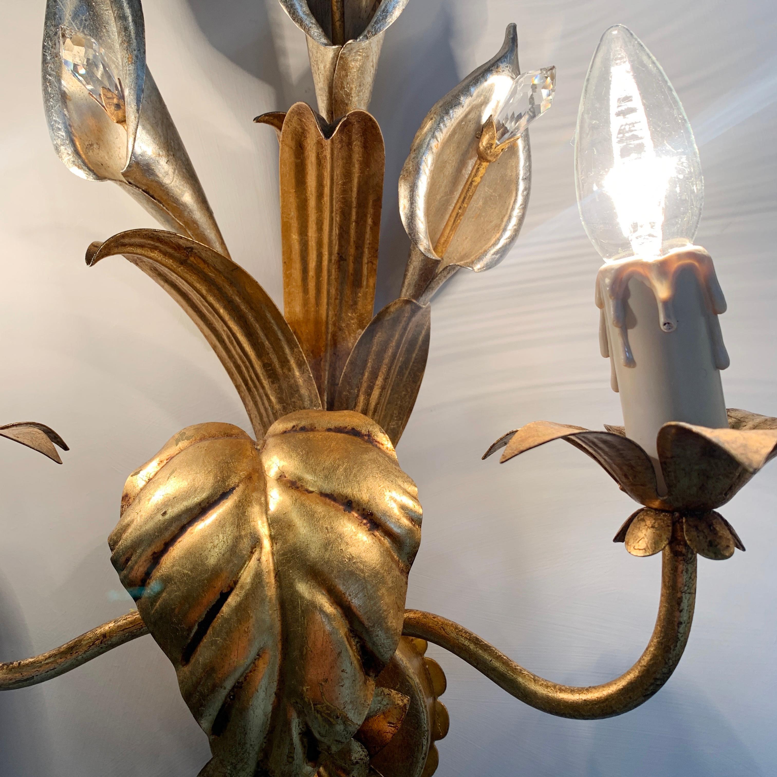 Hans Kögl Gold and Silver Calla Lily Wall Lights, C 1970’s In Good Condition For Sale In Hastings, GB