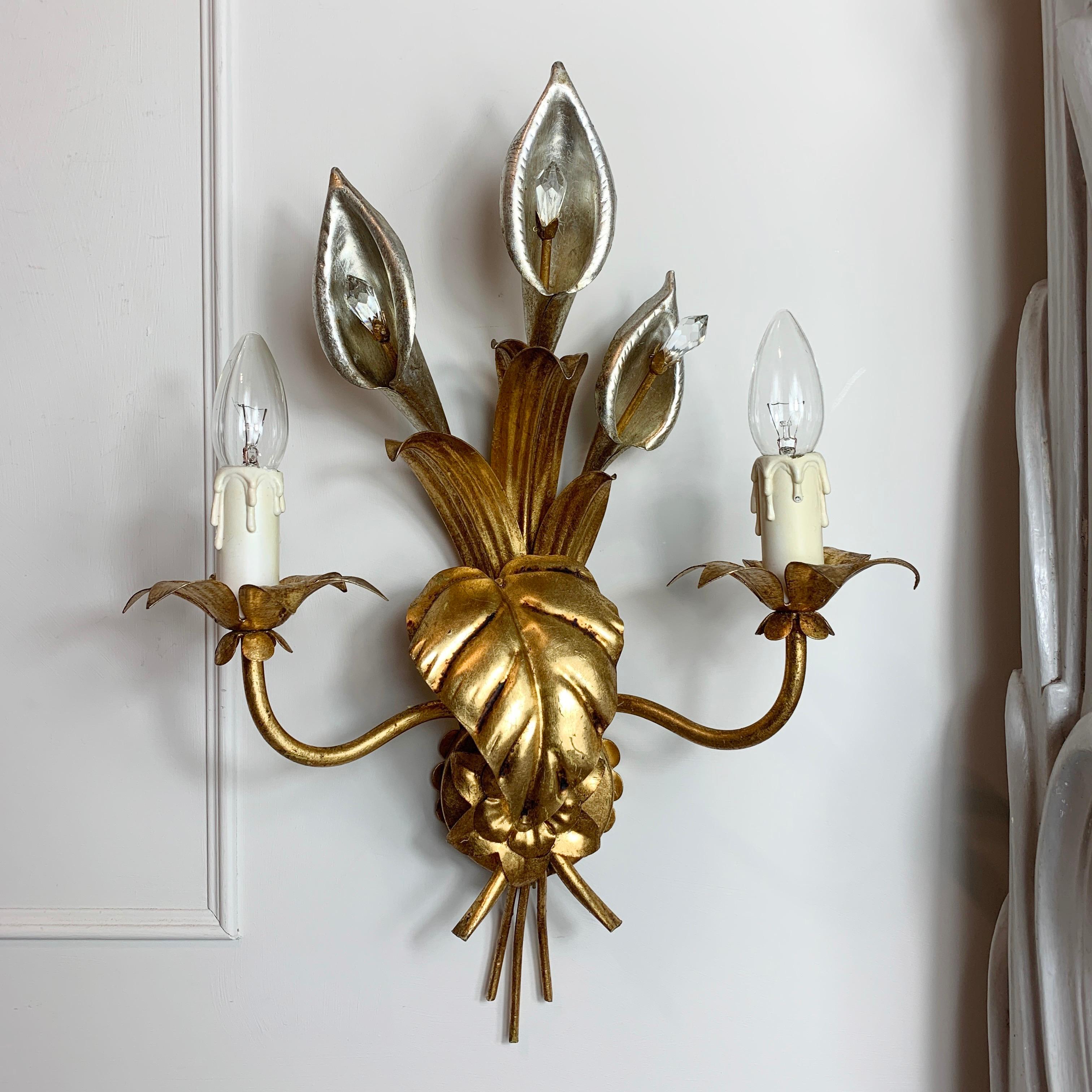19th Century Hans Kögl Gold and Silver Calla Lily Wall Lights, C 1970’s For Sale