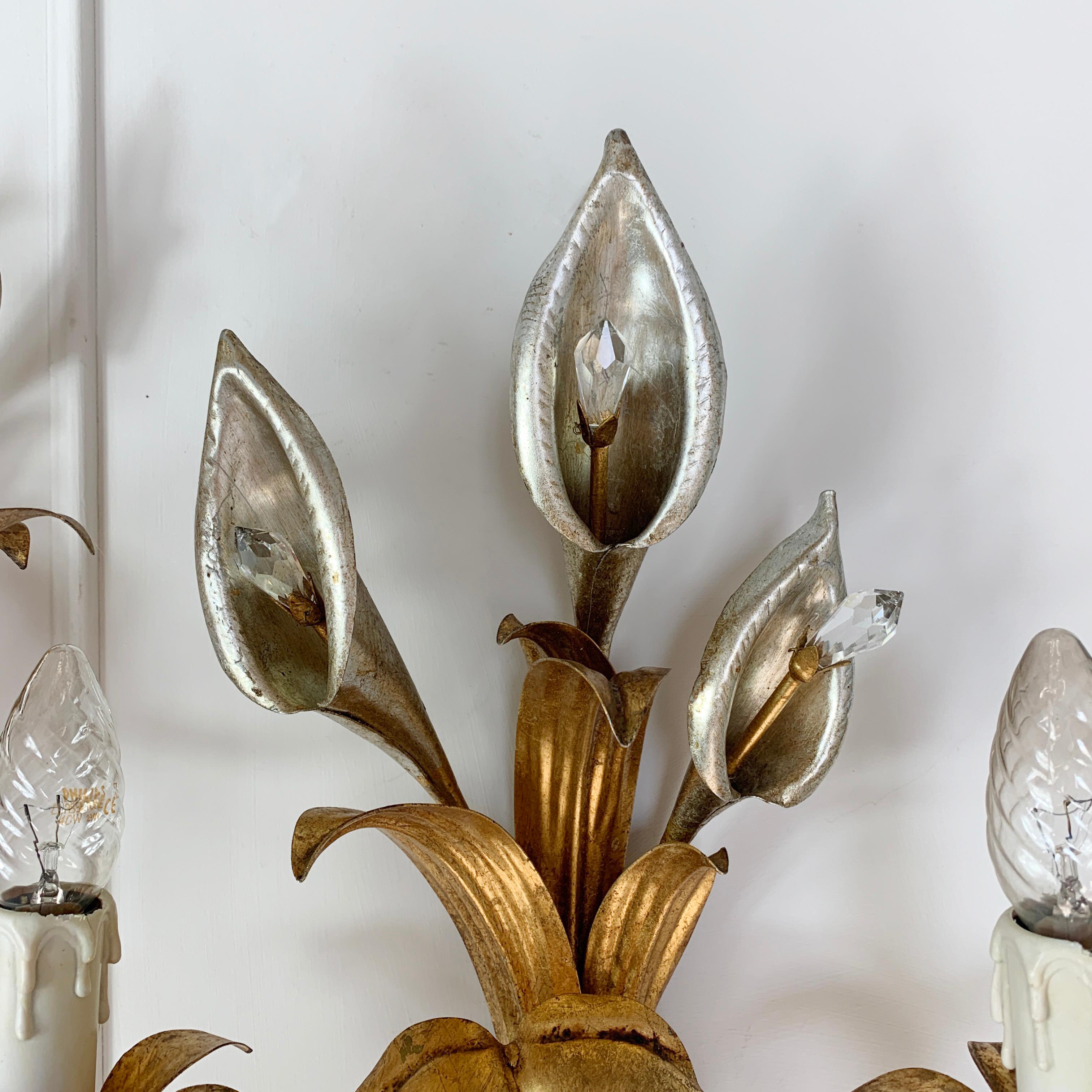 Metal Hans Kögl Gold and Silver Calla Lily Wall Lights, C 1970’s For Sale