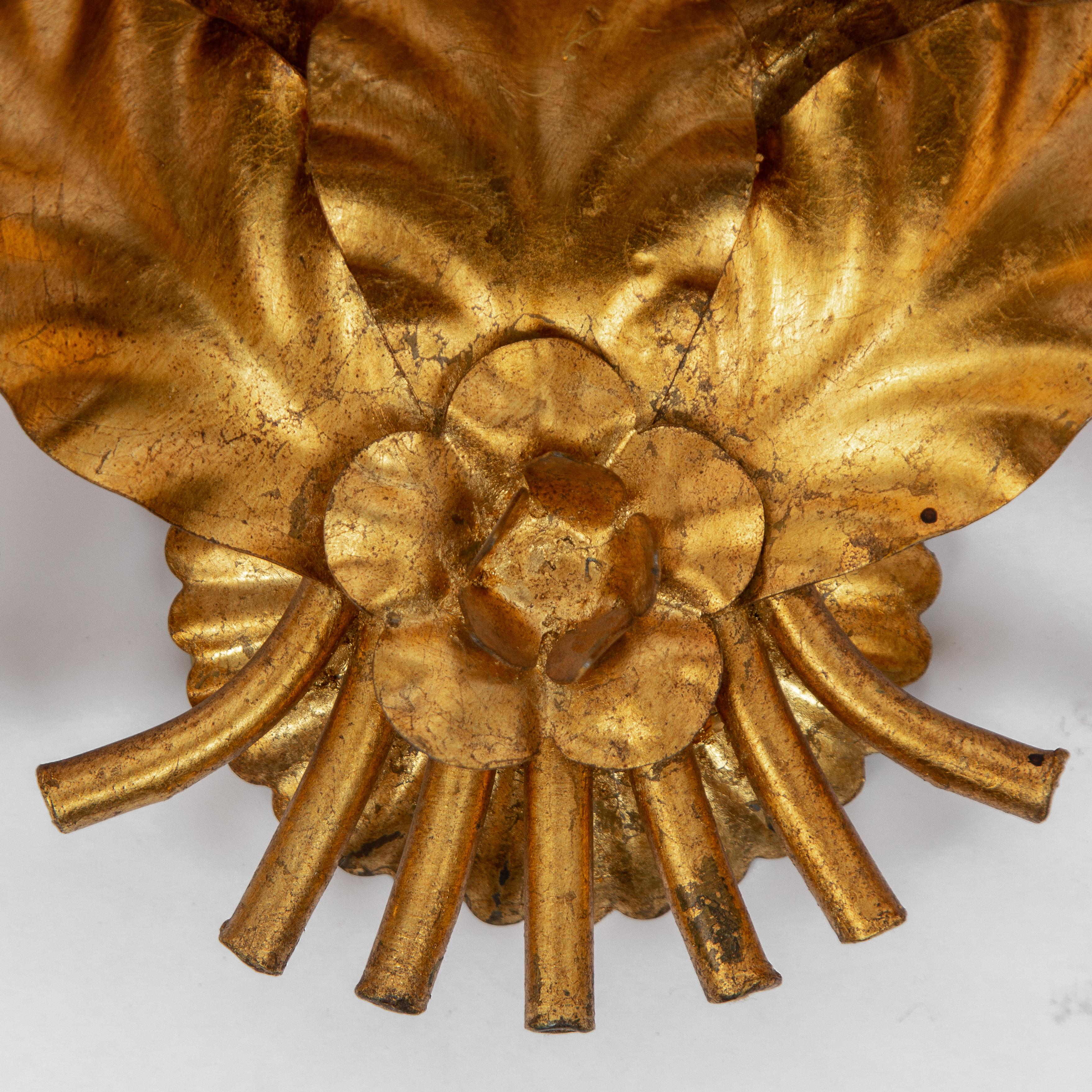 Mid-Century Modern Pair of Hans Kögl Large Gilded Floral Gold Leaf Metal Wall Lamps, 1960s