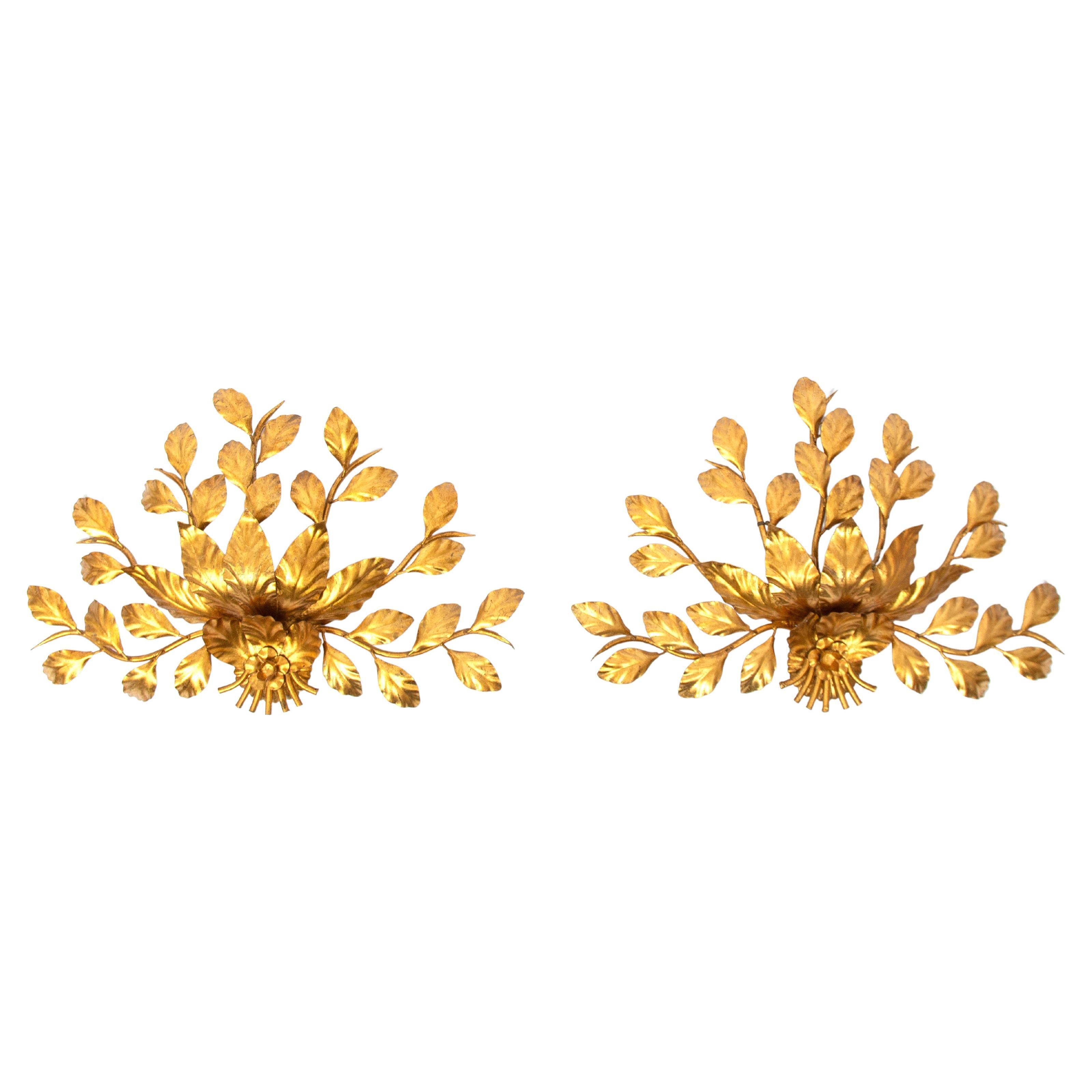 Pair of Hans Kögl Large Gilded Floral Gold Leaf Metal Wall Lamps, 1960s For Sale