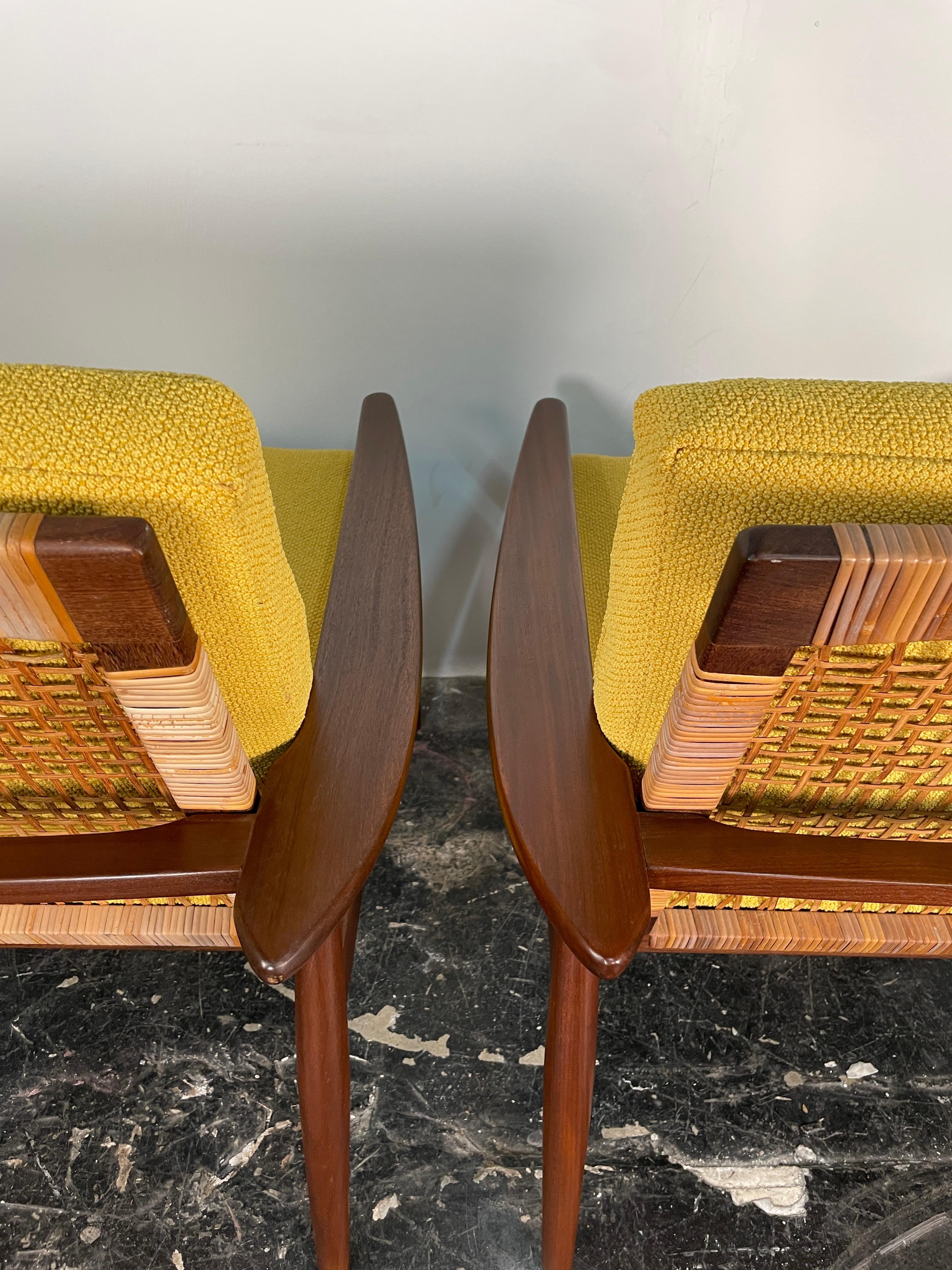 Pair of Hans Olsen Afromosia & Cane Lounge Chairs for Juul Kristensen 2