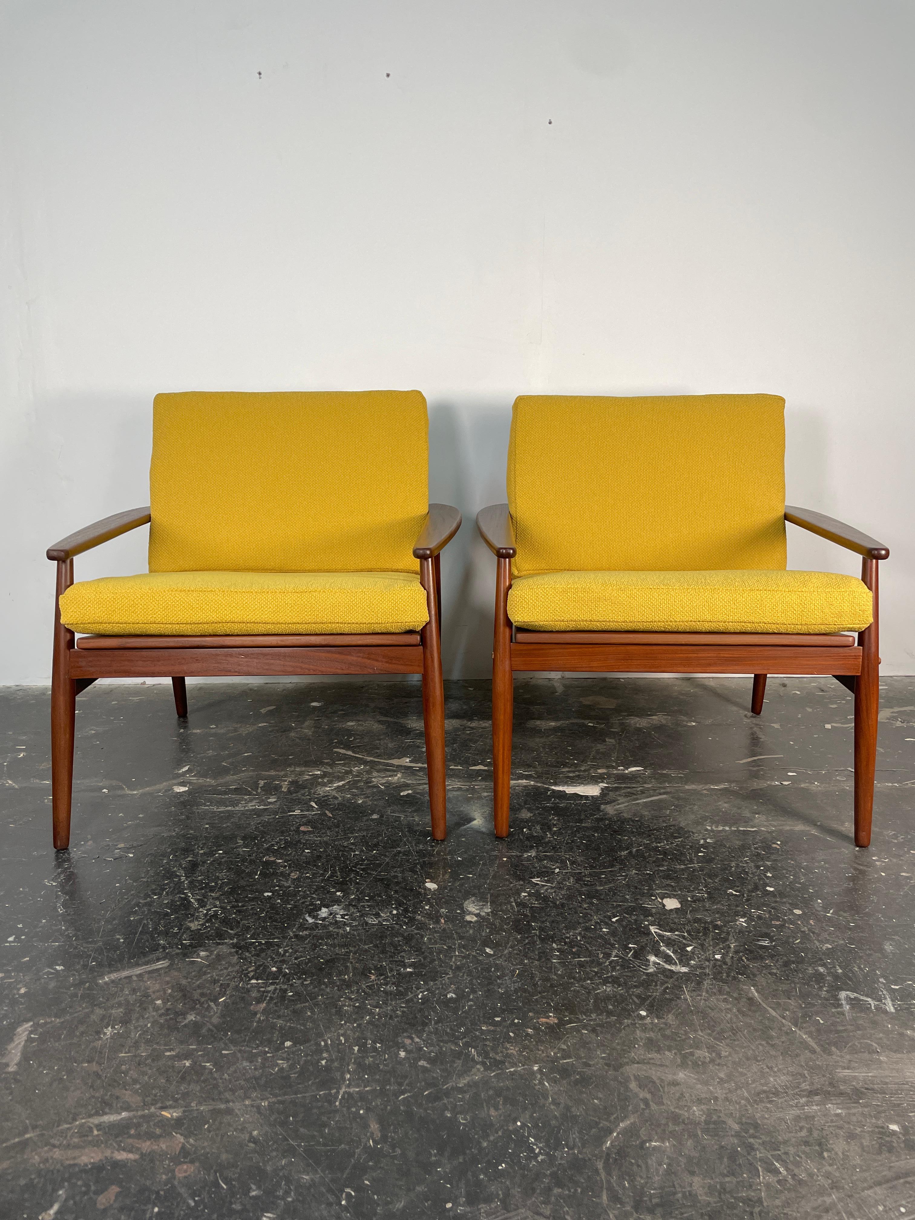 Scandinavian Modern Pair of Hans Olsen Afromosia & Cane Lounge Chairs for Juul Kristensen
