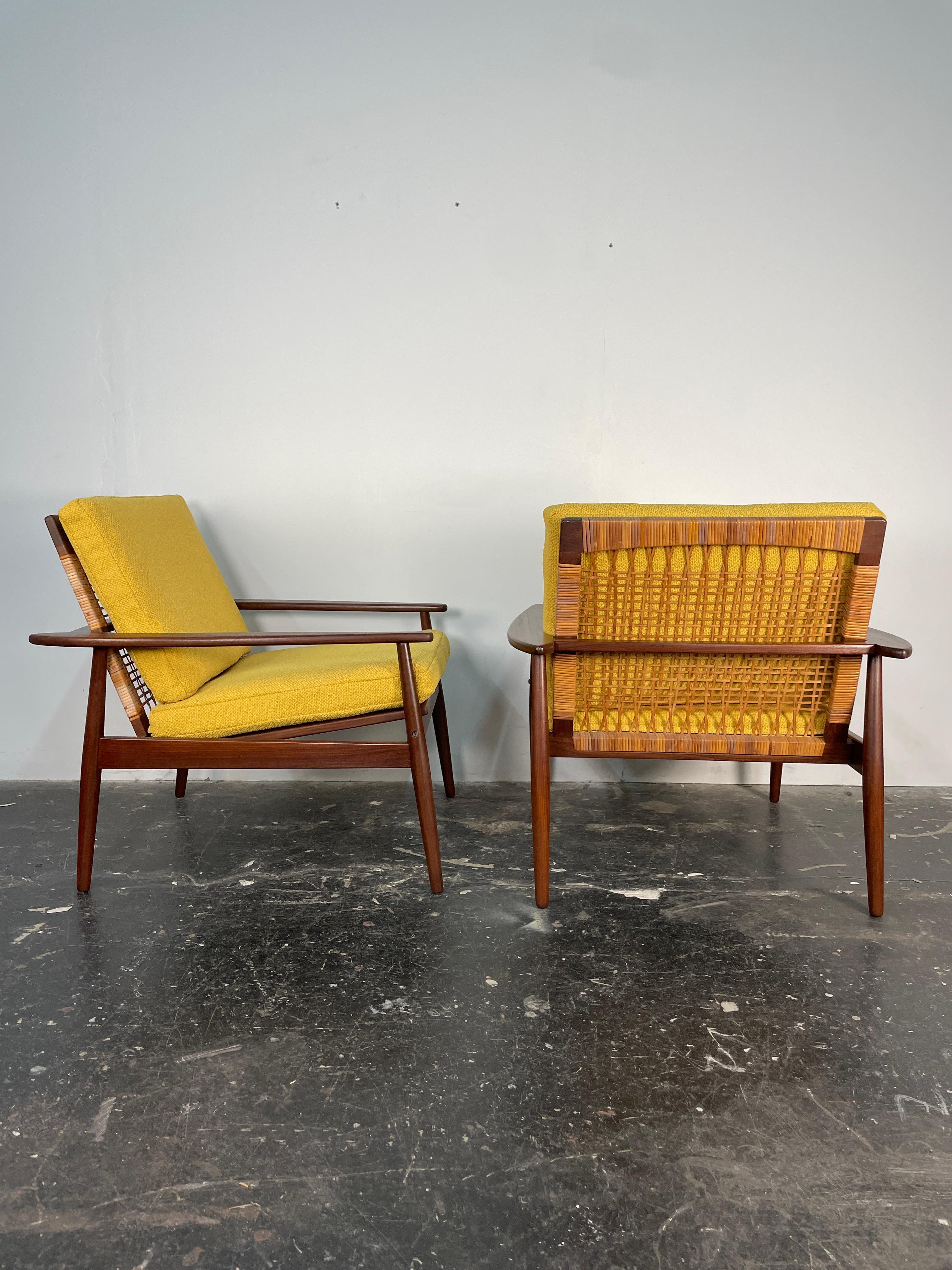 Danish Pair of Hans Olsen Afromosia & Cane Lounge Chairs for Juul Kristensen