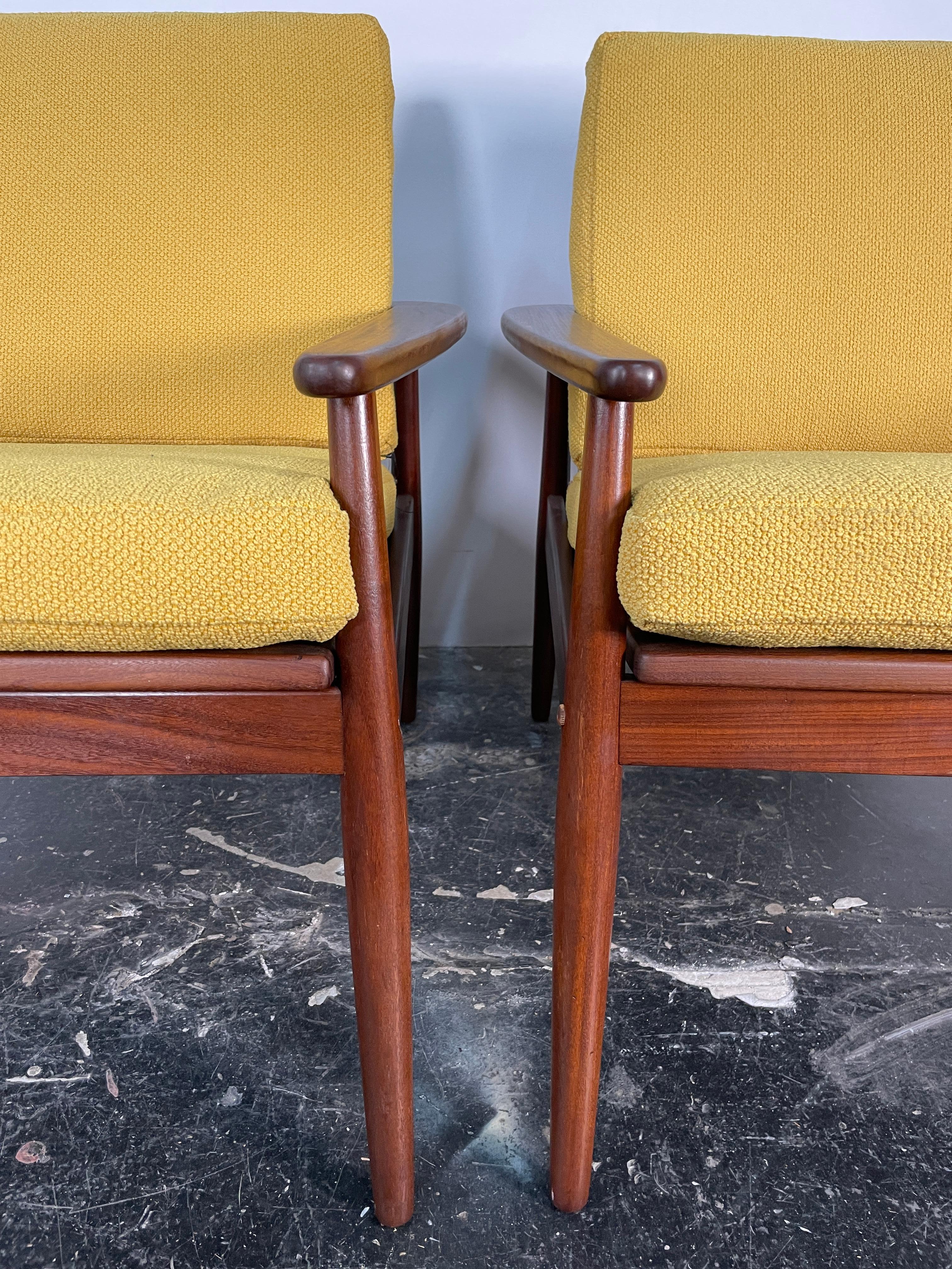 Caning Pair of Hans Olsen Afromosia & Cane Lounge Chairs for Juul Kristensen