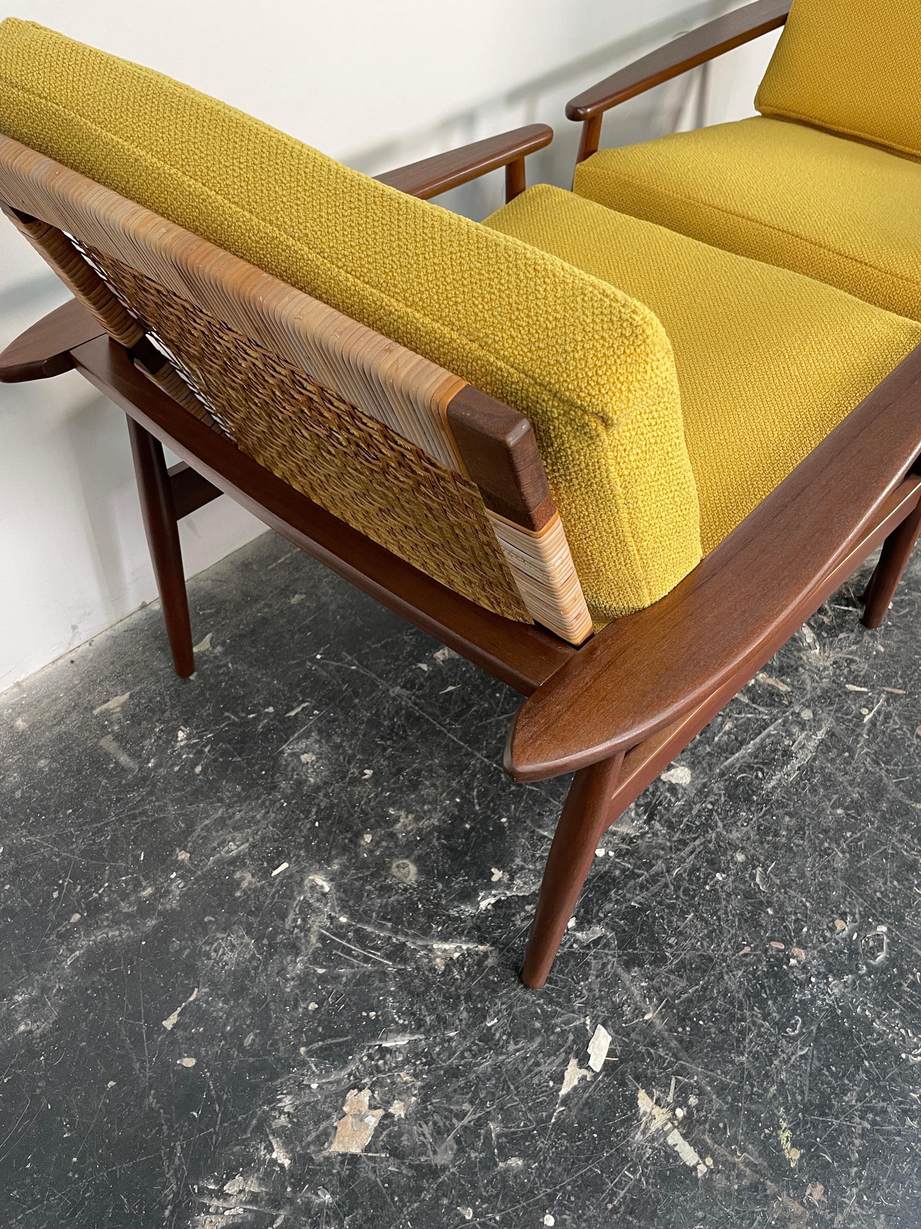 Metal Pair of Hans Olsen Afromosia & Cane Lounge Chairs for Juul Kristensen