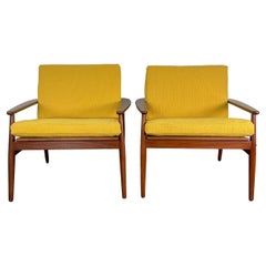 Pair of Hans Olsen Afromosia & Cane Lounge Chairs for Juul Kristensen