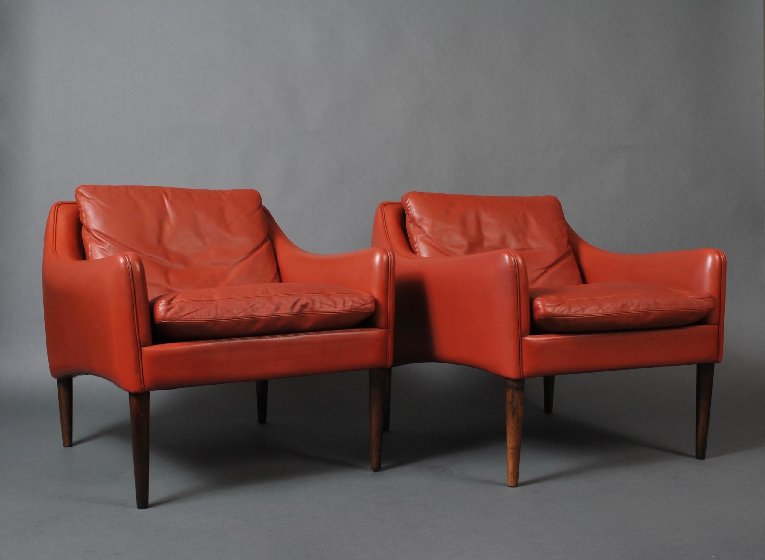Scandinavian Modern Pair of Hans Olsen Danish Leather Club Armchairs