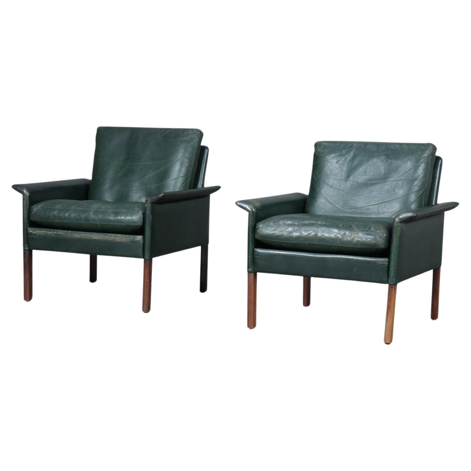 Pair of Hans Olsen Lounge Chairs in Green Leather + Rosewood For Sale
