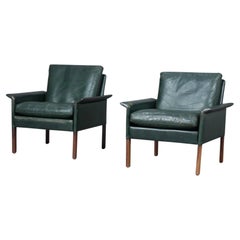 Pair of Hans Olsen Lounge Chairs in Green Leather + Rosewood