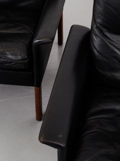 Pair of Hans Olsen Model 500 Black Leather Lounge Chairs, CS Møbler, 1960s