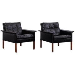 Pair of Hans Olsen Model 500 Black Leather Lounge Chairs, CS Møbler, 1960s