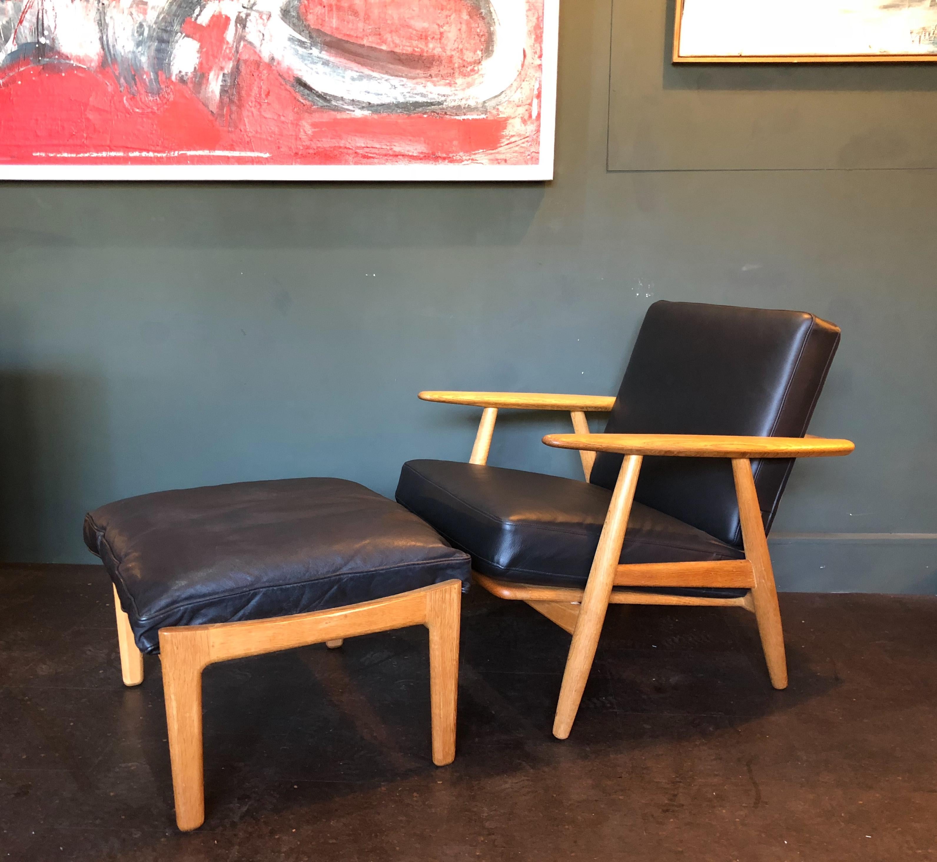 Pair of Hans Wegner Cigar Chairs and Ottomans. Original GE240, Reupholstered 10