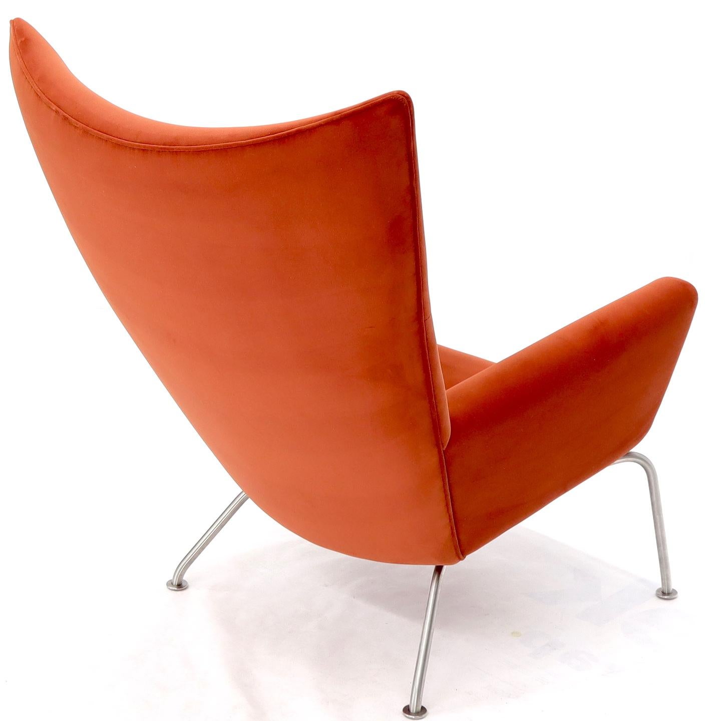 Pair of Hans Wegner for Carl Hansen Wing Chair in Orange Velvet like Fabric OX For Sale 4