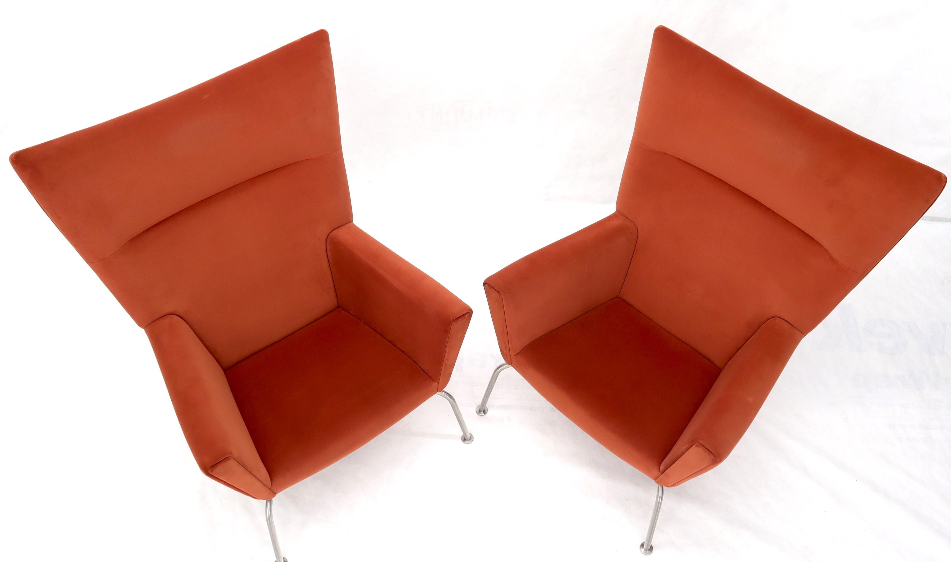 Danish Pair of Hans Wegner for Carl Hansen Wing Chair in Orange Velvet like Fabric OX For Sale