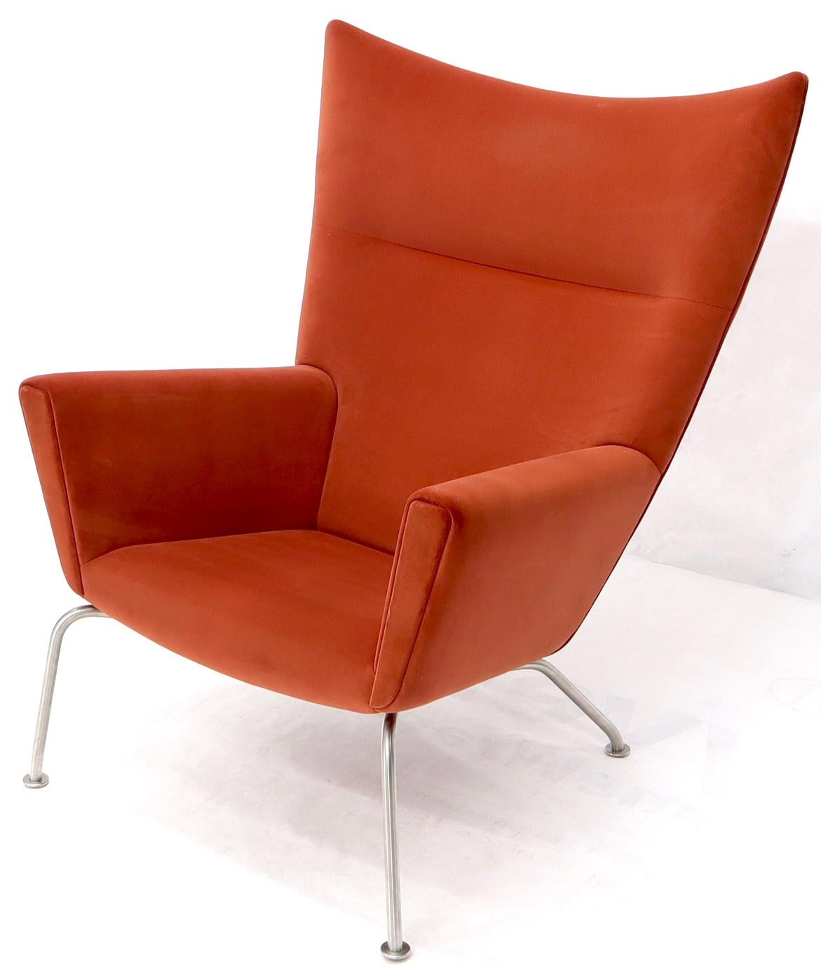 Pair of Hans Wegner for Carl Hansen Wing Chair in Orange Velvet like Fabric OX In Excellent Condition For Sale In Rockaway, NJ