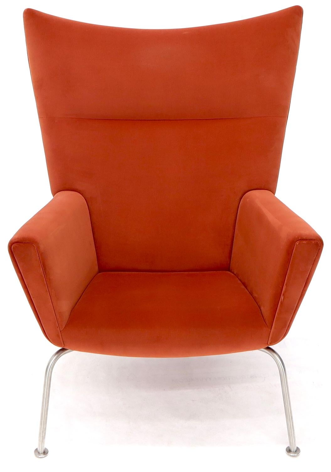20th Century Pair of Hans Wegner for Carl Hansen Wing Chair in Orange Velvet like Fabric OX For Sale