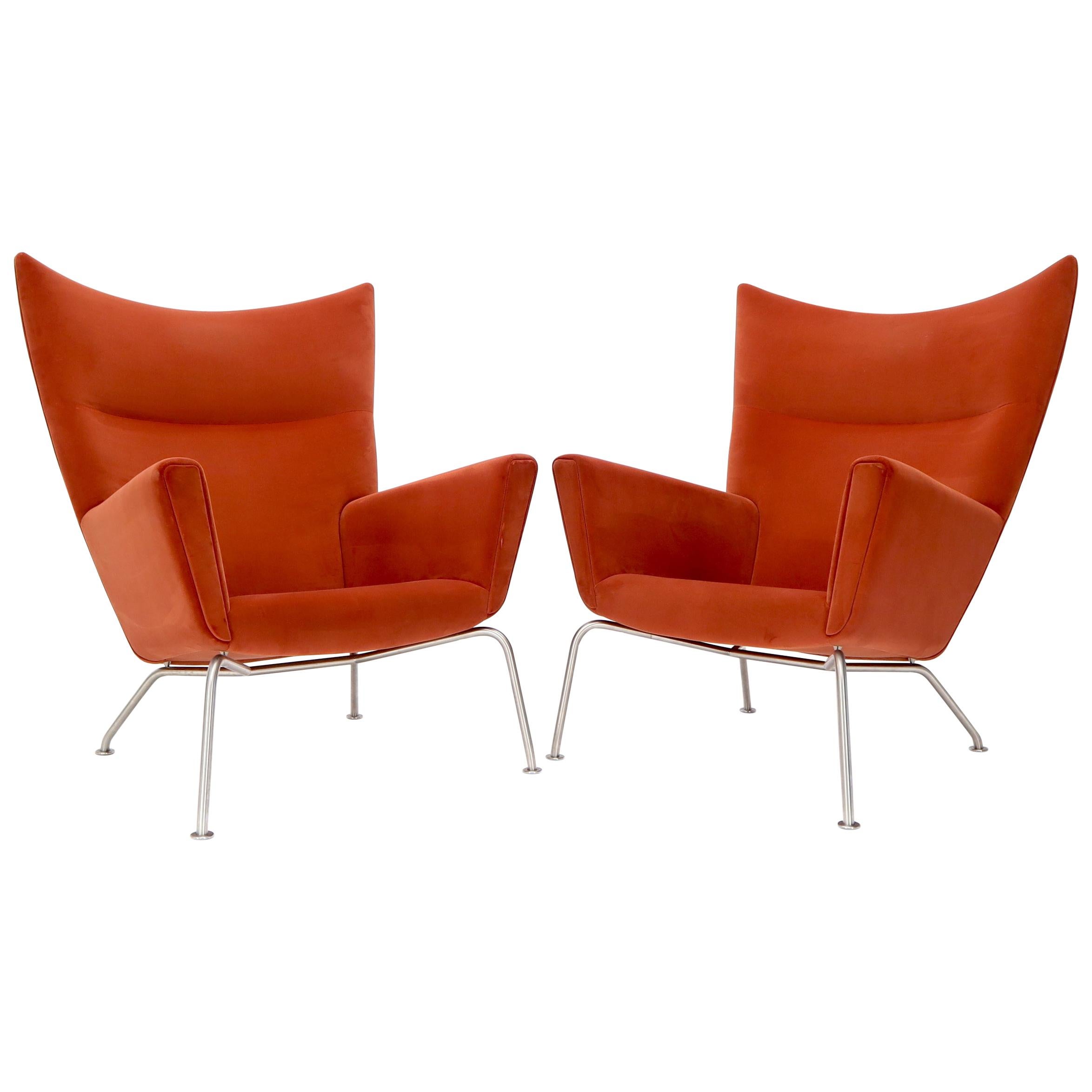 Pair of Hans Wegner for Carl Hansen Wing Chair in Orange Velvet like Fabric OX