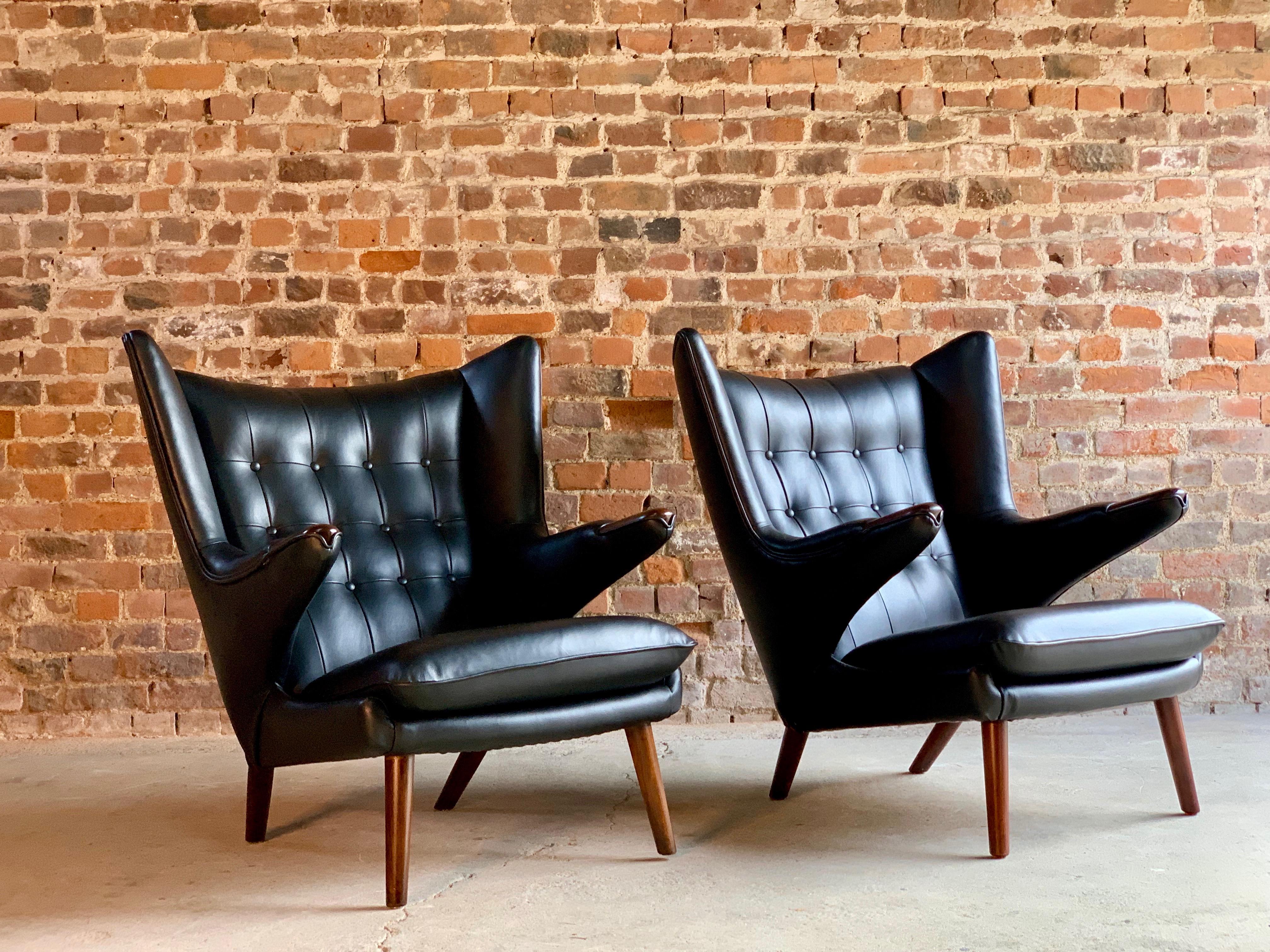 Pair of Hans Wegner Papa Bear Lounge Chairs Black Leather & Afromosia Model AP19 2