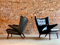 Pair of Hans Wegner Papa Bear Lounge Chairs Black Leather & Afromosia Model AP19