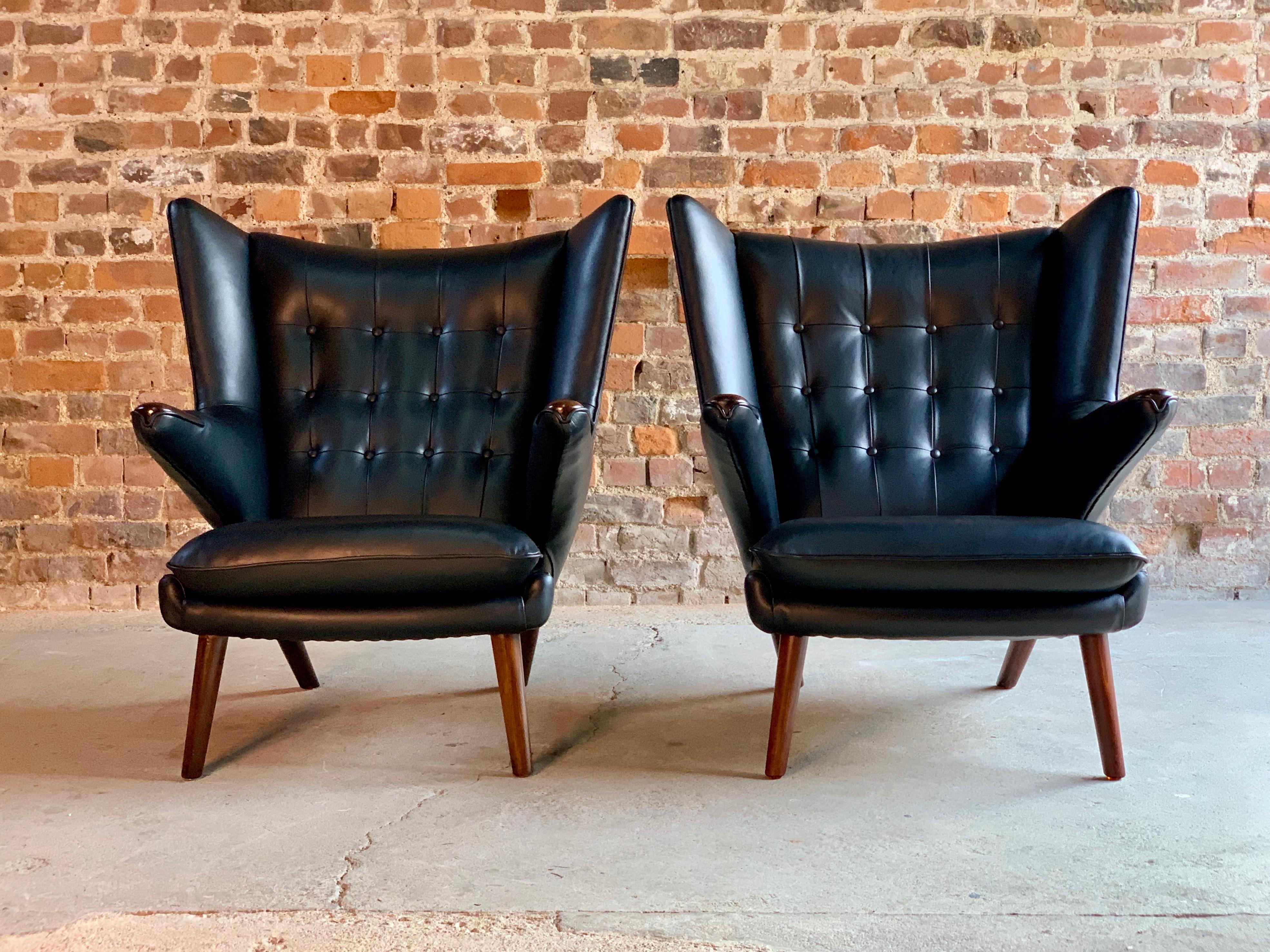 Mid-Century Modern Pair of Hans Wegner Papa Bear Lounge Chairs Black Leather & Afromosia Model AP19