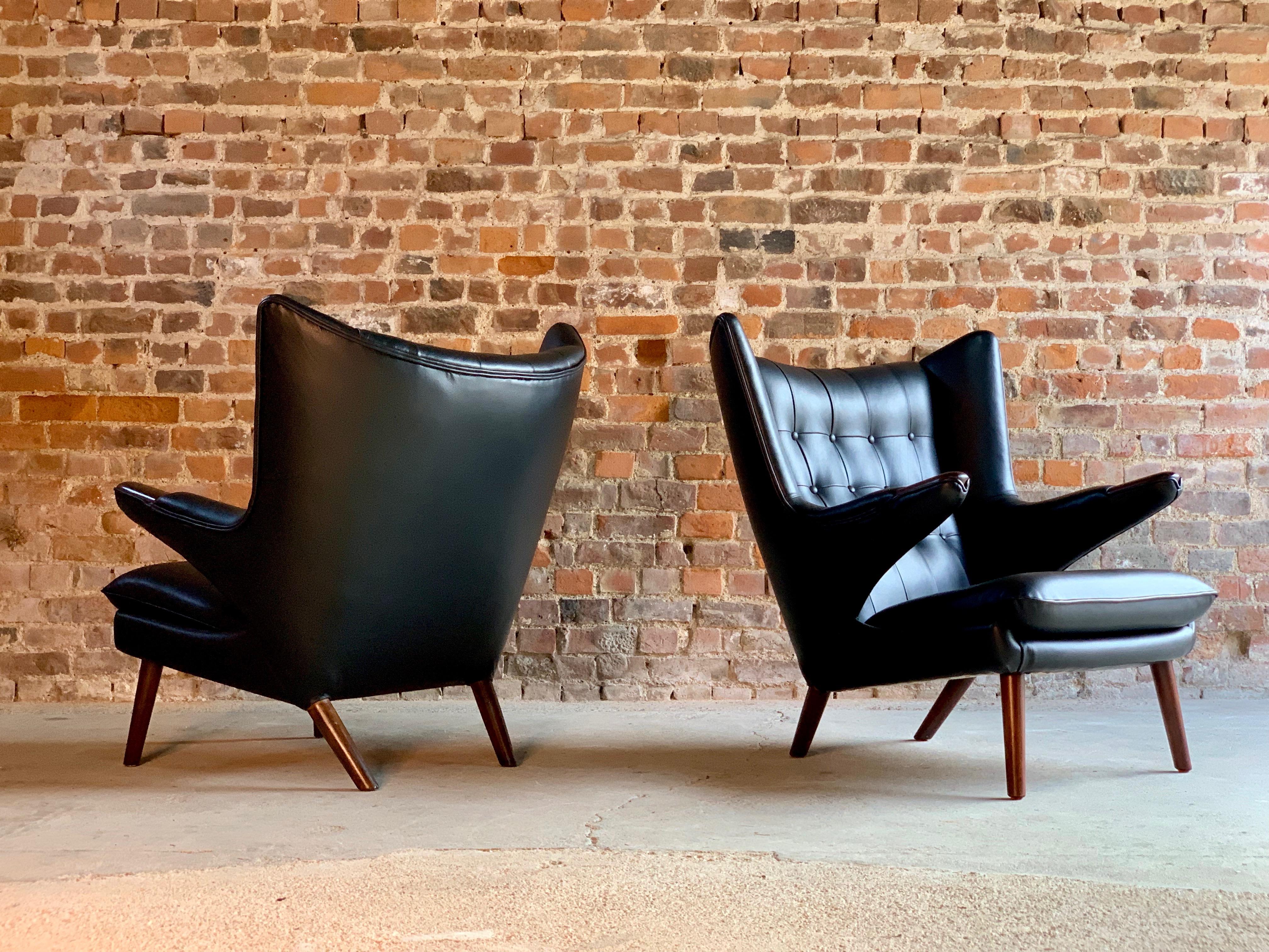 Danish Pair of Hans Wegner Papa Bear Lounge Chairs Black Leather & Afromosia Model AP19