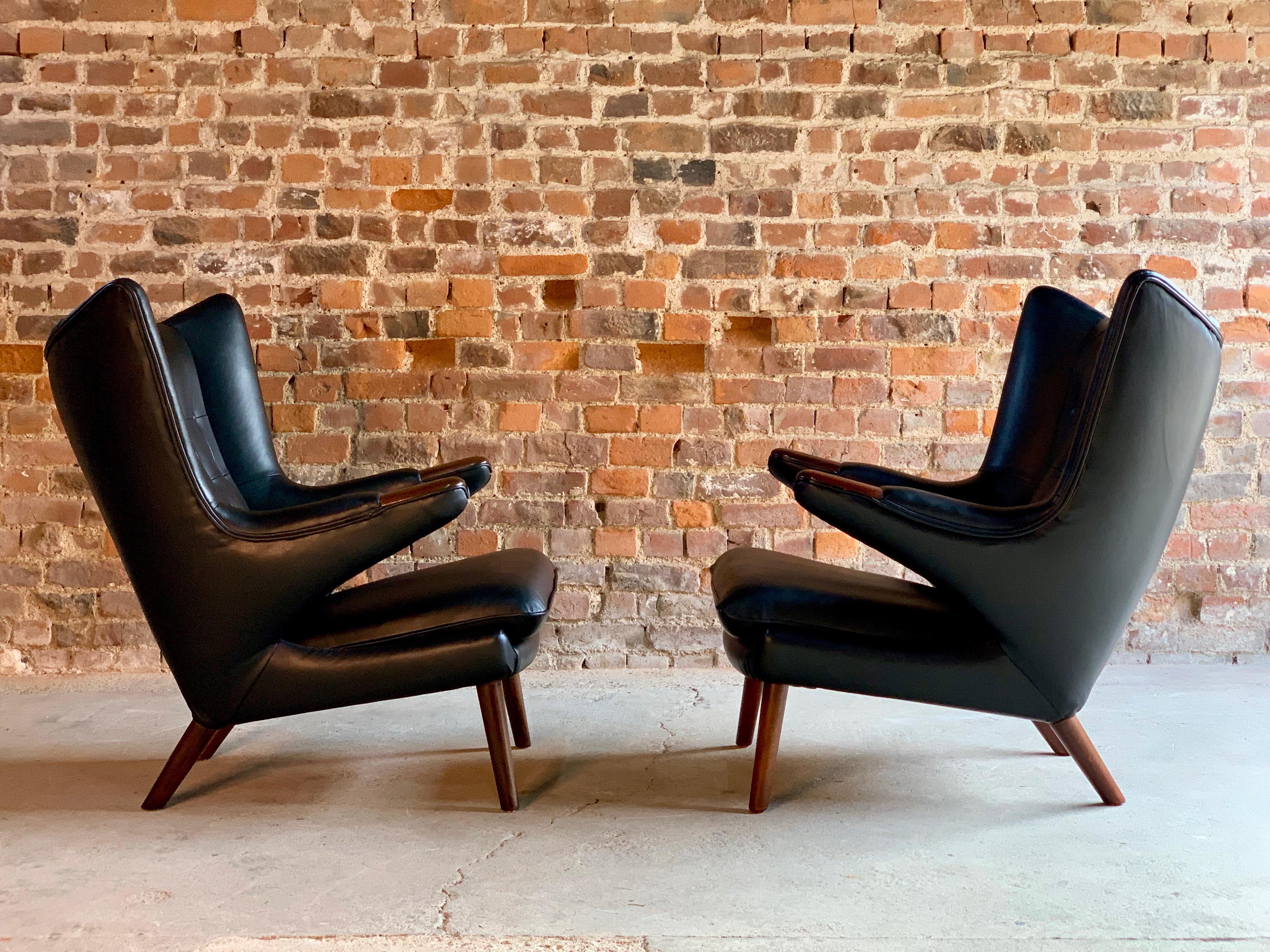 20th Century Pair of Hans Wegner Papa Bear Lounge Chairs Black Leather & Afromosia Model AP19