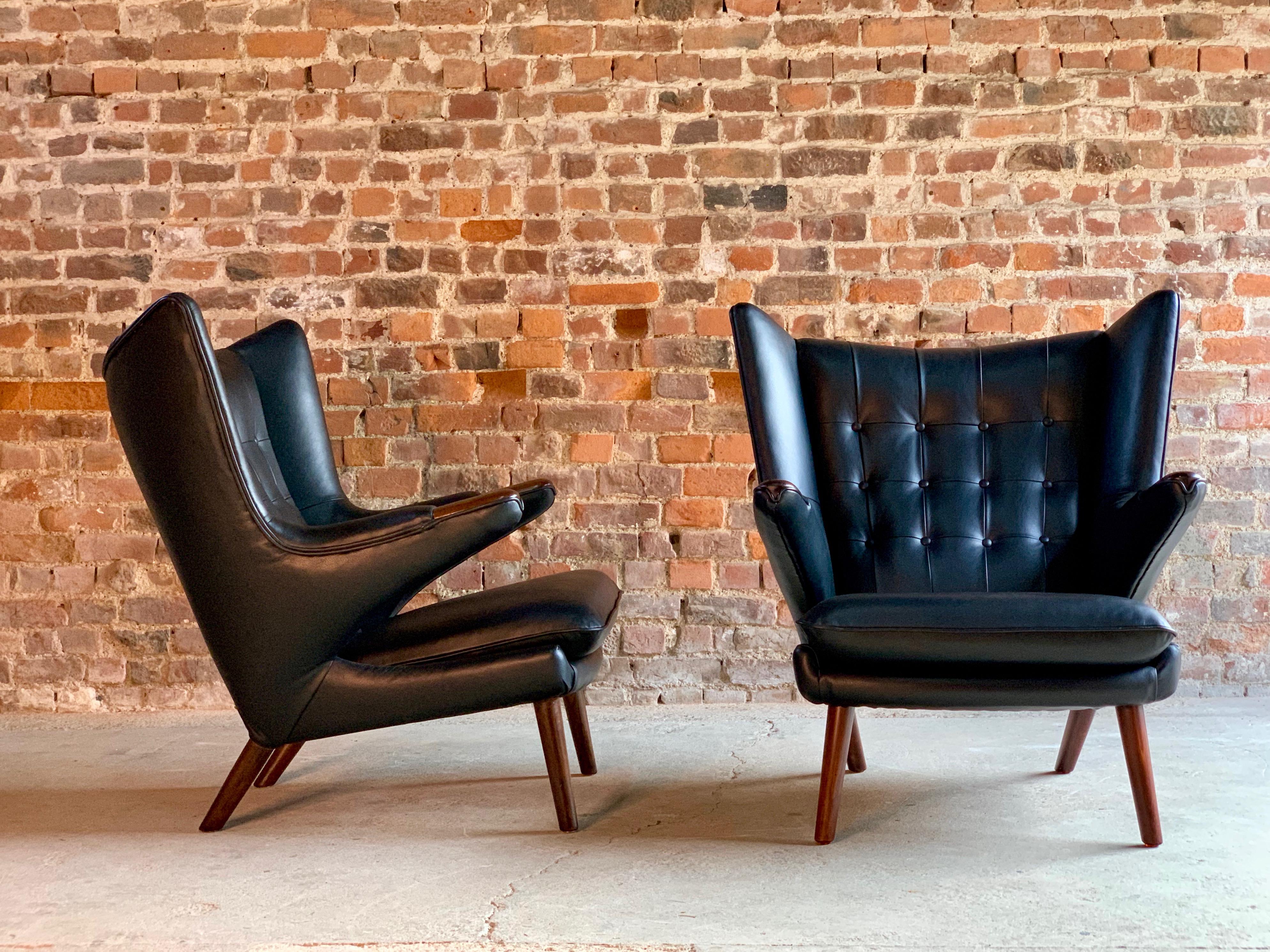 Pair of Hans Wegner Papa Bear Lounge Chairs Black Leather & Afromosia Model AP19 1