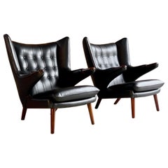 Pair of Hans Wegner Papa Bear Lounge Chairs Black Leather & Afromosia Model AP19