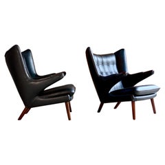Pair of Hans Wegner Papa Bear Lounge Chairs Black Leather & Afromosia Model AP19