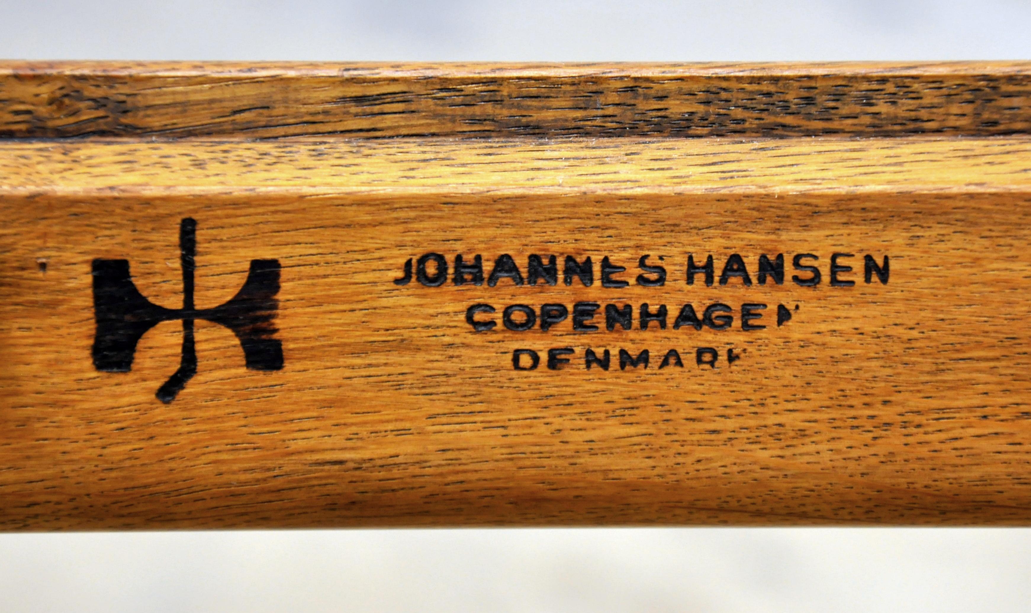 Pair of Hans Wegner for Johannes Hansen Oak and Black Leather Round Chairs 12