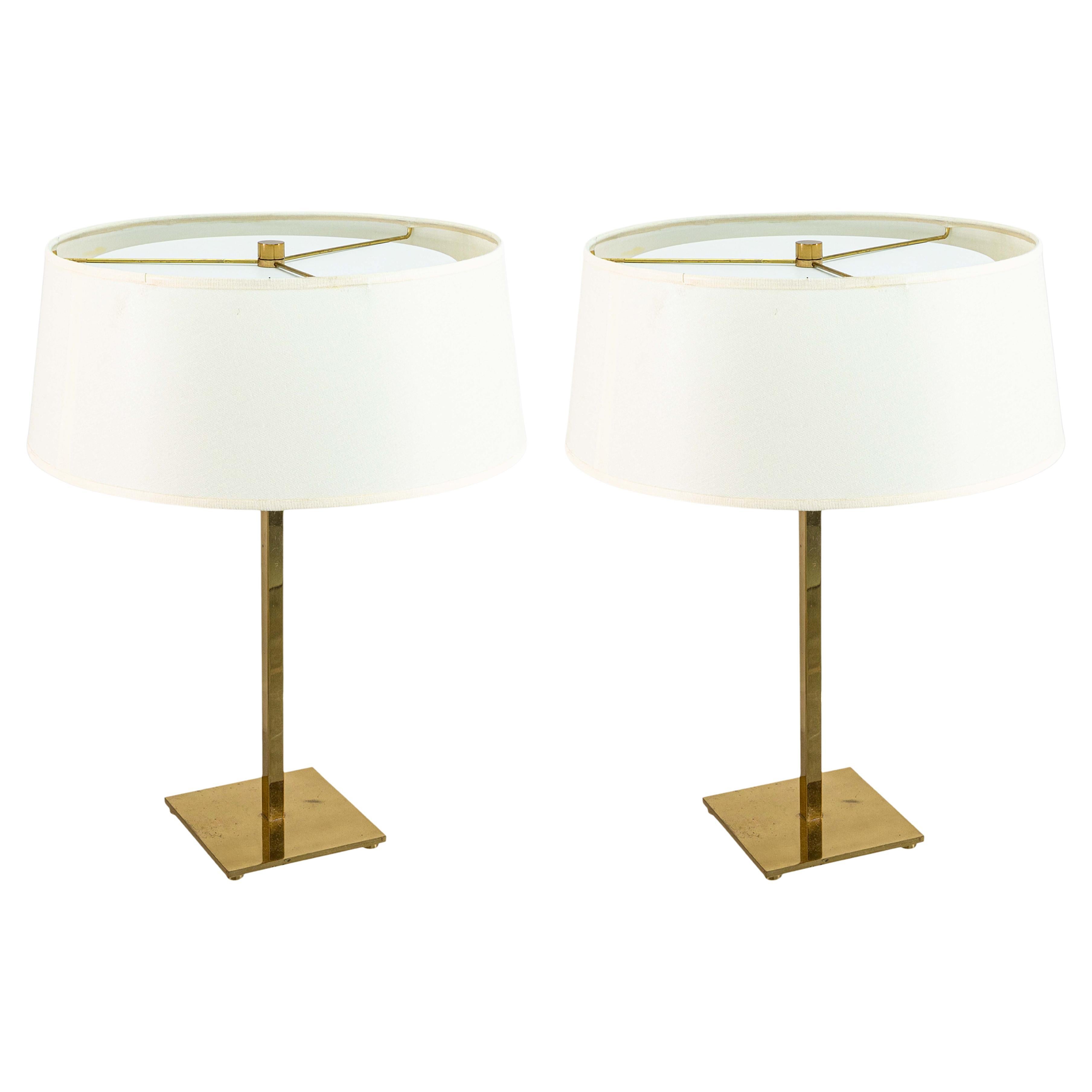 Pair of Hansen New York Brass with Round White Shade Vintage MCM Table Lamps