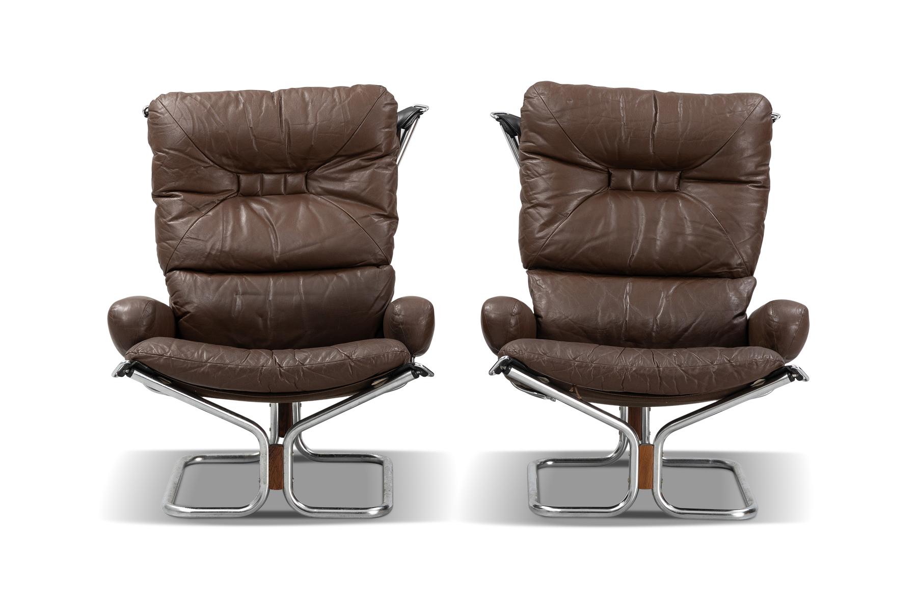 Mid-Century Modern Pair of Harald Relling Highback Lounge Chairs in Leather + Chrome For Sale
