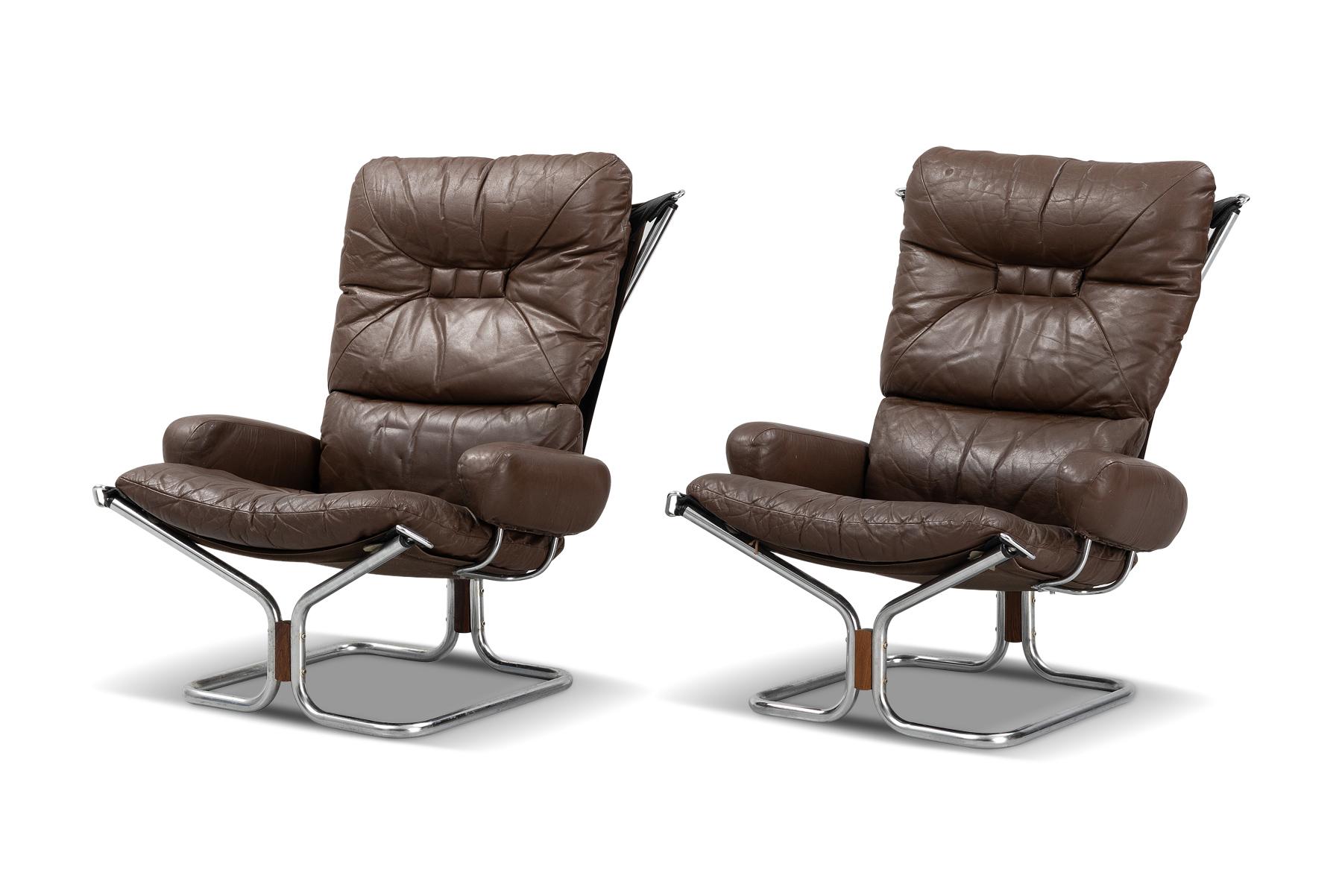 Norwegian Pair of Harald Relling Highback Lounge Chairs in Leather + Chrome For Sale