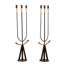 Pair of Hard-to-come-by Wrought Iron+ Rattan Floor Candelabras by Arthur Umanoff