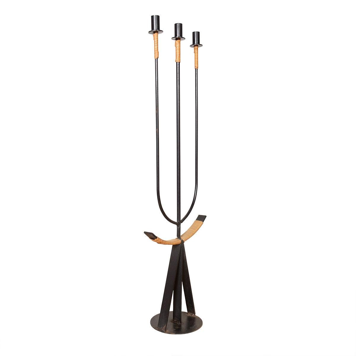 Mid-Century Modern Pair of Hard-to-come-by Wrought Iron+ Rattan Floor Candelabras by Arthur Umanoff For Sale