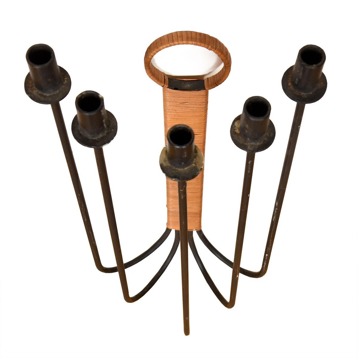 Mid-Century Modern Pair of Hard-to-come-by Wrought Iron + Rattan Wall Sconces by Arthur Umanoff For Sale