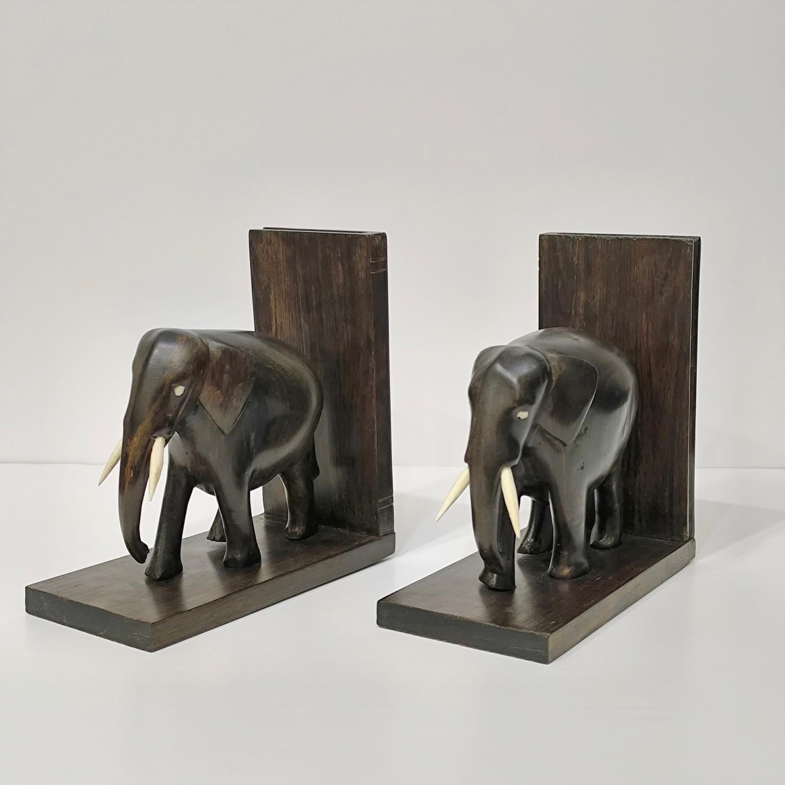 Anglo-Indian Pair of Hard Wood Elephant Bookends, Anglo Indian, Hand Carved For Sale