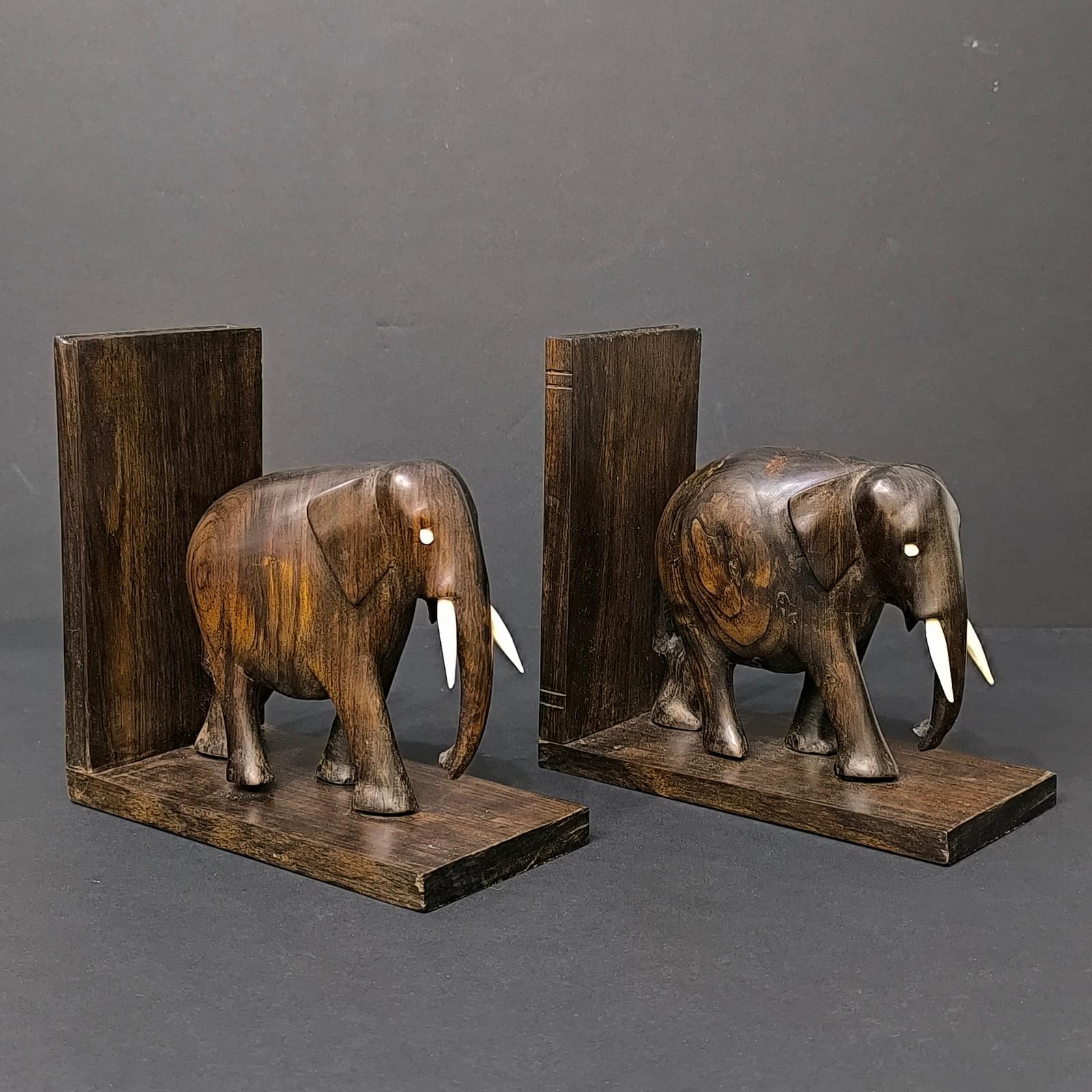 European Pair of Hard Wood Elephant Bookends, Anglo Indian, Hand Carved For Sale